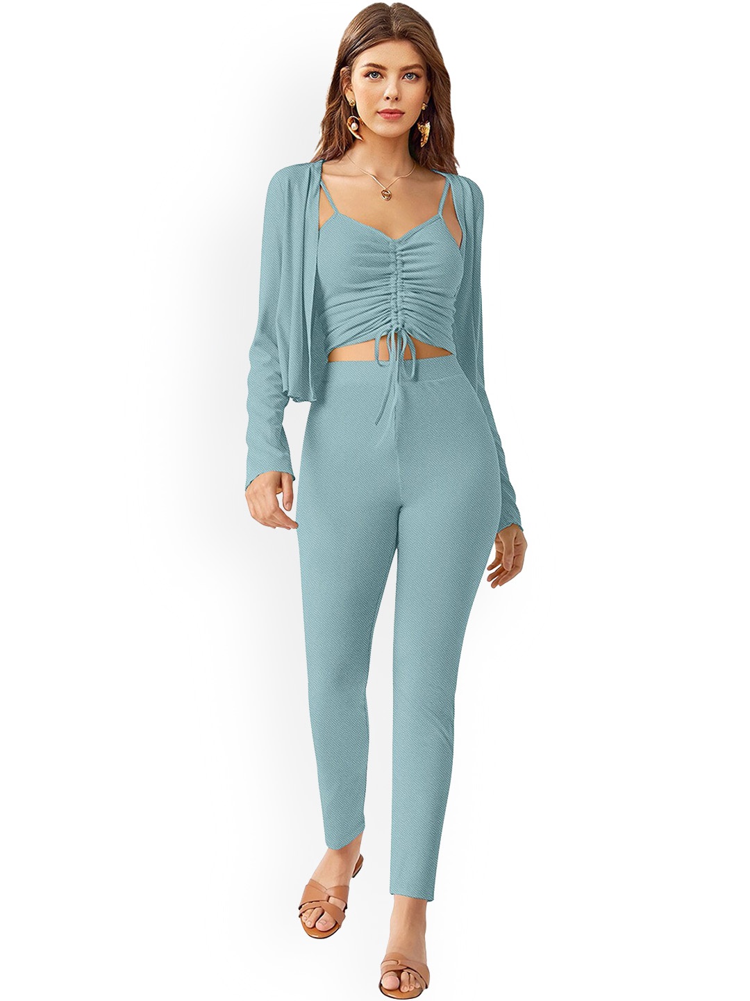 

ODETTE V-Neck Acrylic Top With Front Open Jacket & Trouser Co-Ords, Blue