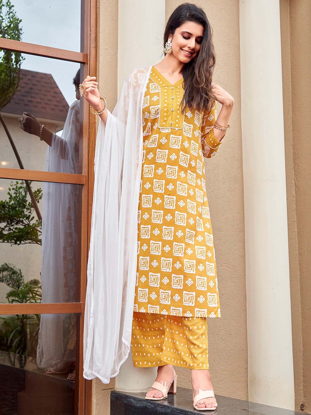 

KALINI Geometric Printed Regular Kurta With Palazzos & Dupatta, Yellow