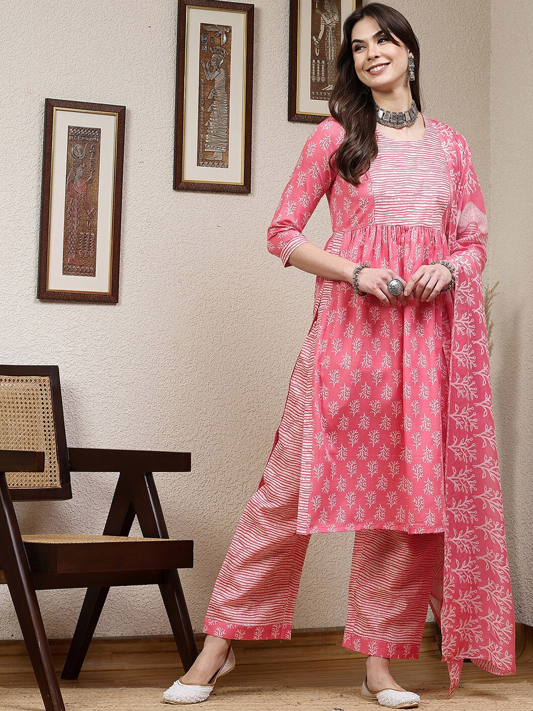 

KALINI Floral Printed Kurta With Trousers & Dupatta, Pink