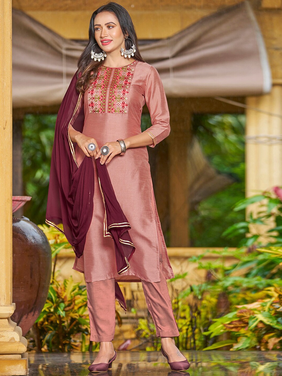 

KALINI Ethnic Motifs Yoke Design Thread Work Kurta with Trousers & Dupatta, Peach