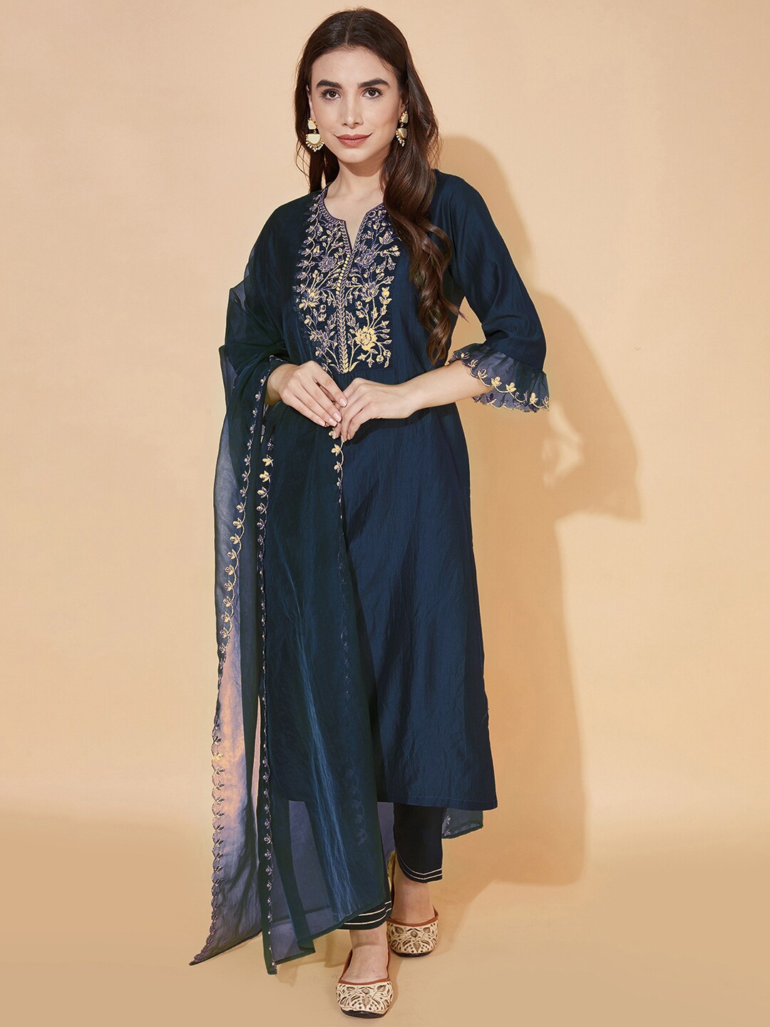 

SKYLEE Navy Blue Yoke Design Embroidered Notch Neck Straight Kurta With Trousers & Dupatta