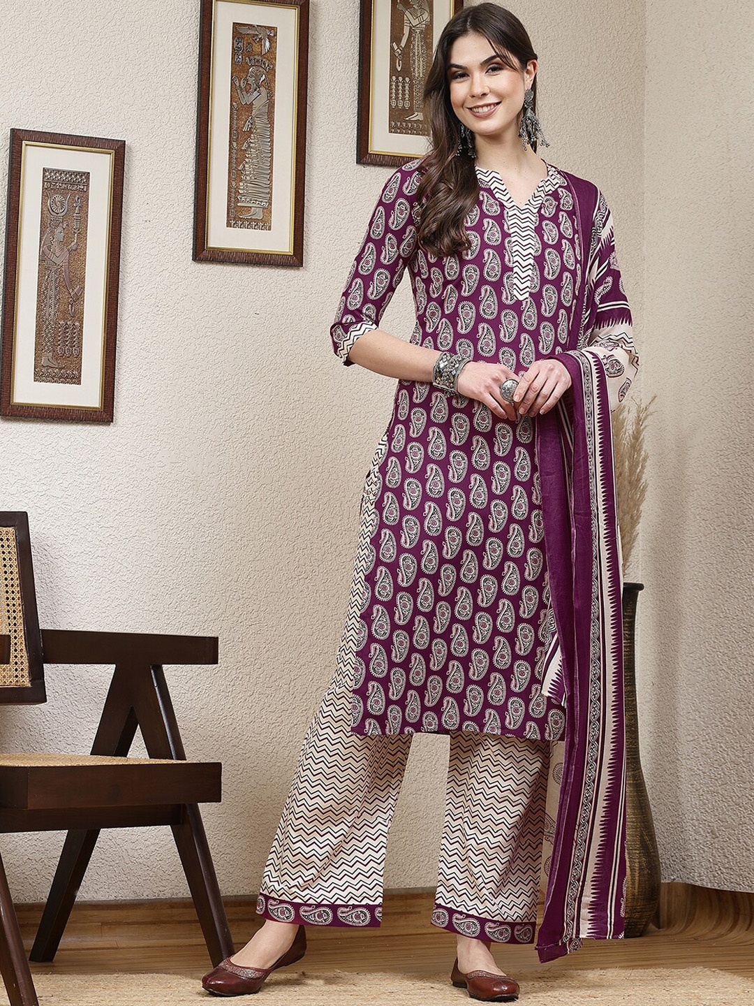 

SKYLEE Purple Paisley Printed Notch Neck Straight Kurta With Palazzos & Dupatta