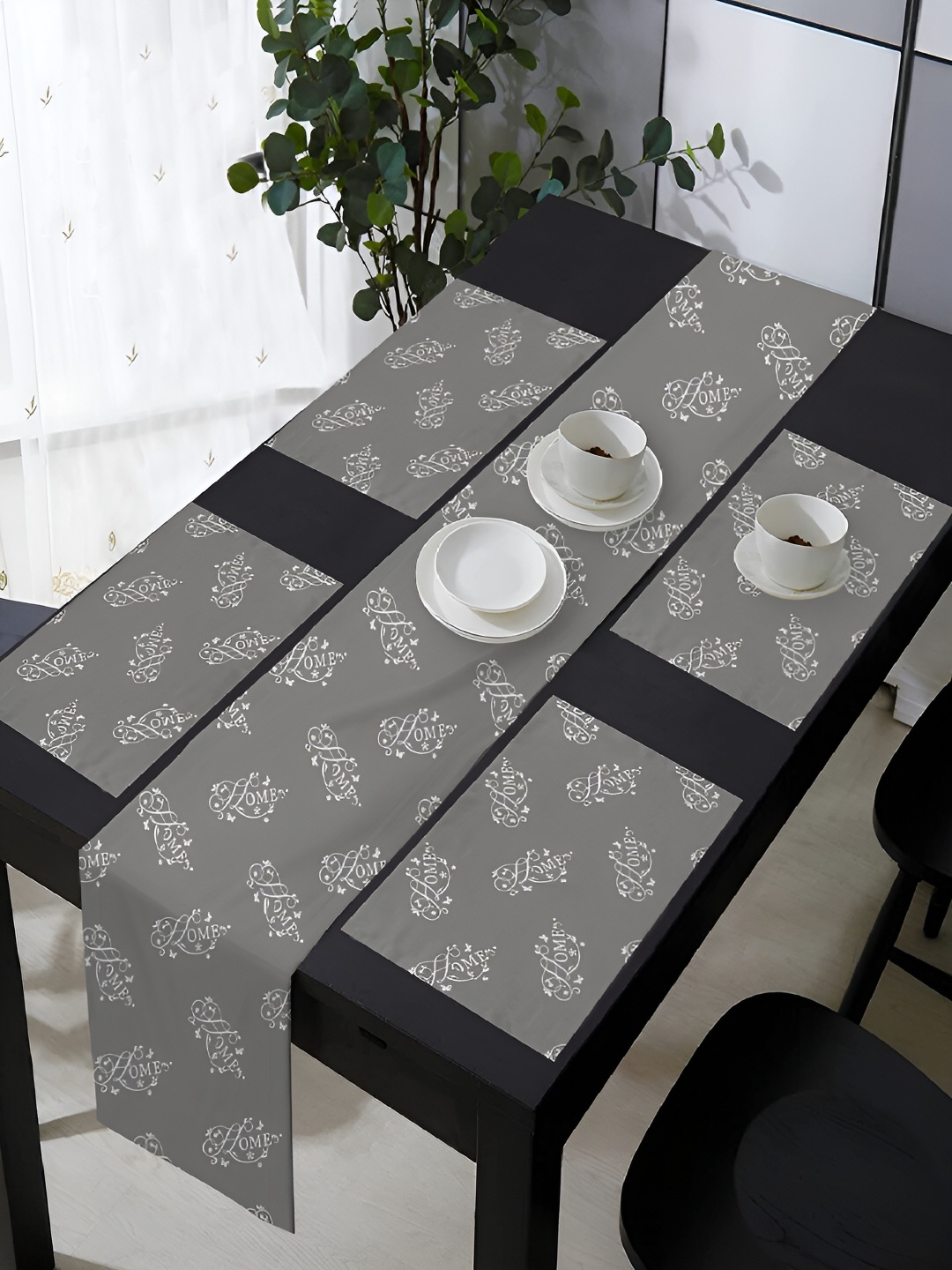 OASIS Grey & White 5 Pieces Typography Printed Cotton Table Mats with Runner