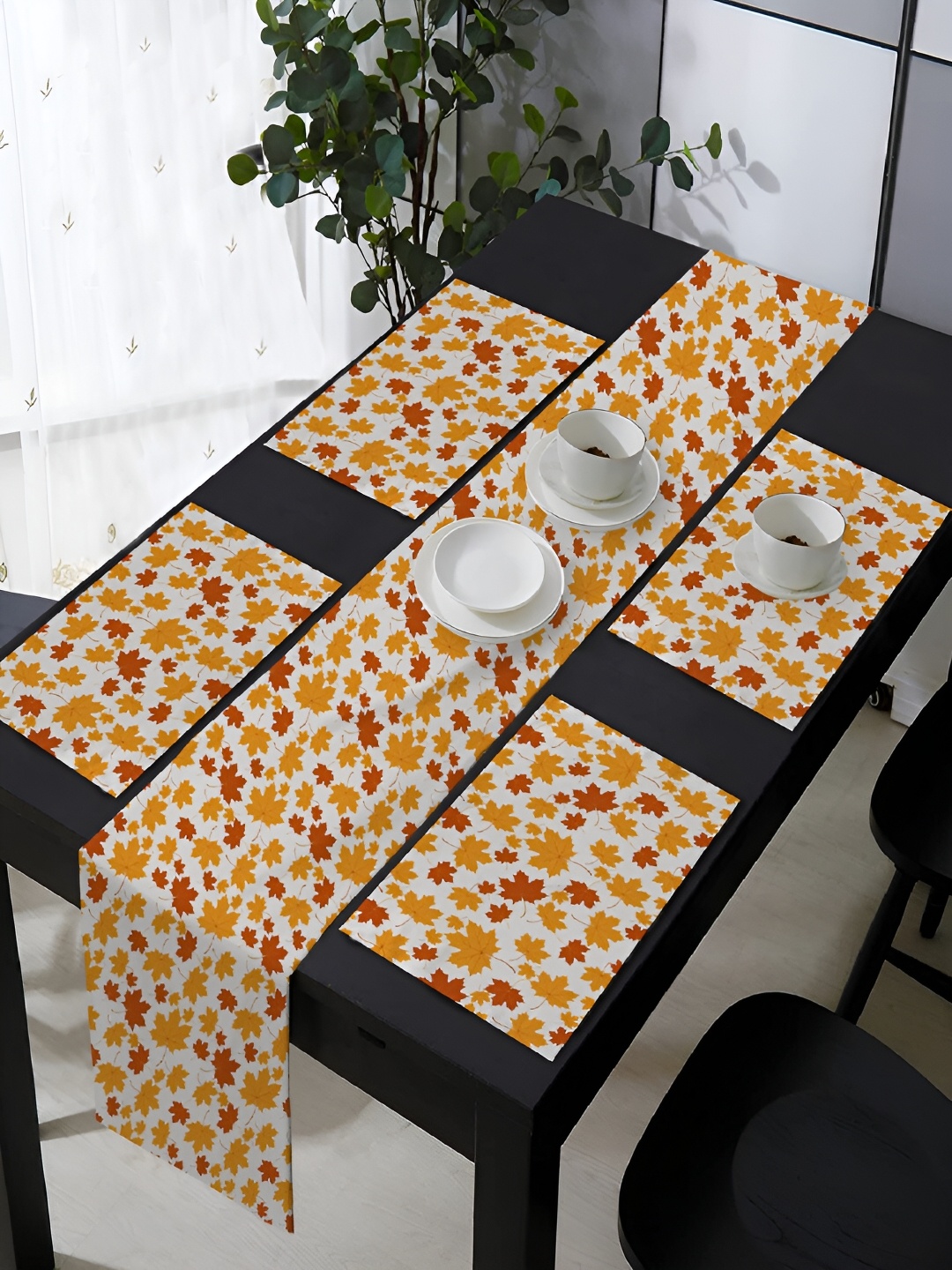 

OASIS White & Yellow 5 Pieces Printed Cotton Table Mats with Runner