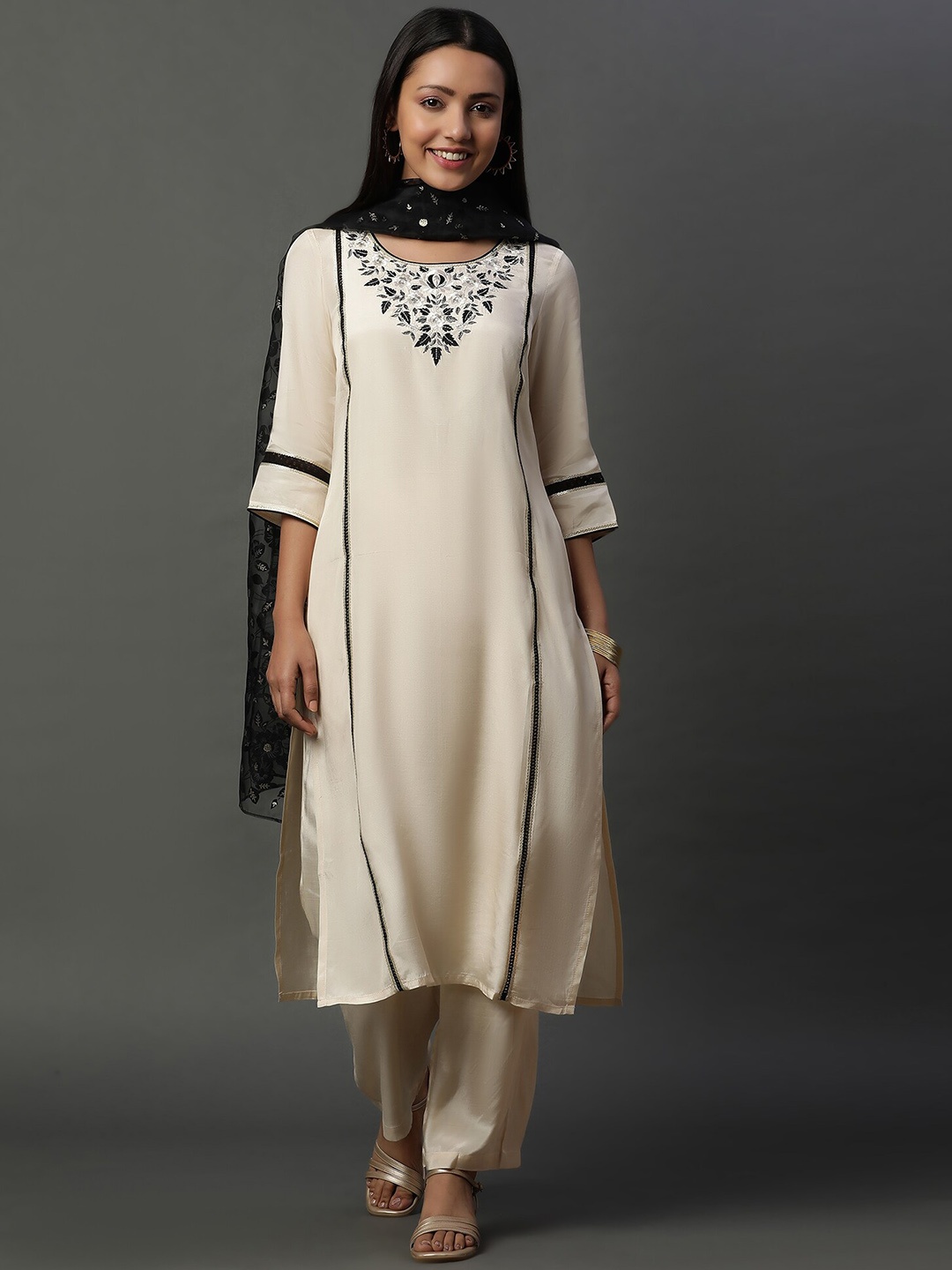 

AURELIA Floral Embroidered Round Neck Straight Kurta With Palazzos & Dupatta, Beige