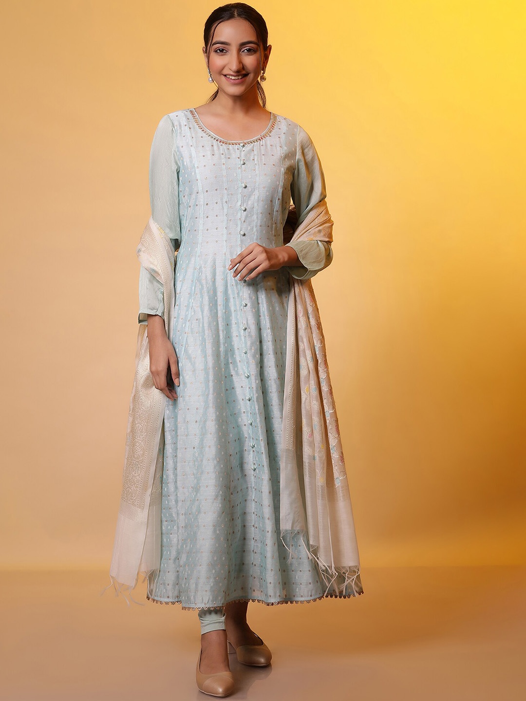 

AURELIA Printed Thread Work Round Neck Anarkali Kurta With Dupatta, Blue