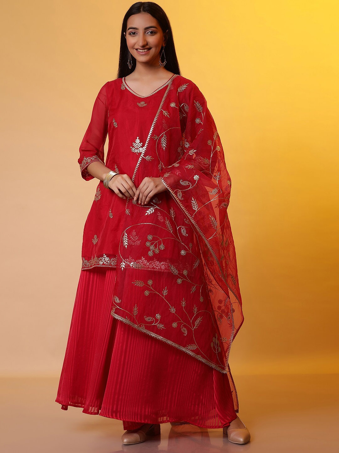 

AURELIA Floral Embroidered V-Neck Regular Sleeves Sequinned Kurta With Palazzos & Dupatta, Red