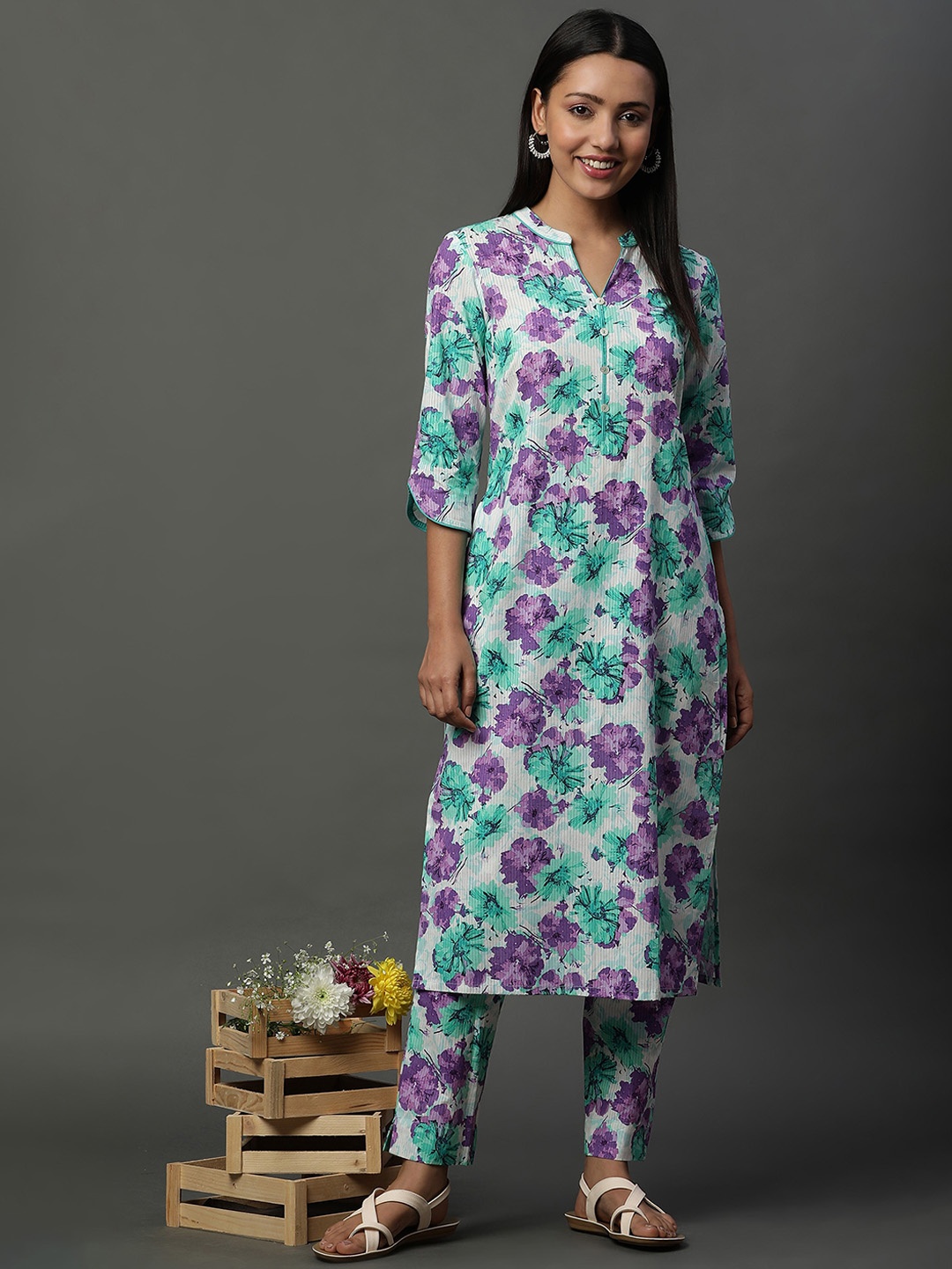 

AURELIA Floral Printed Regular Pure Cotton Band Collar Straight Kurta with Trousers, White