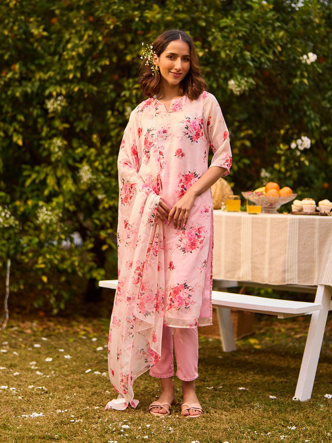 

AURELIA Floral Printed Regular Thread Work Kurta with Trousers & Dupatta, Peach