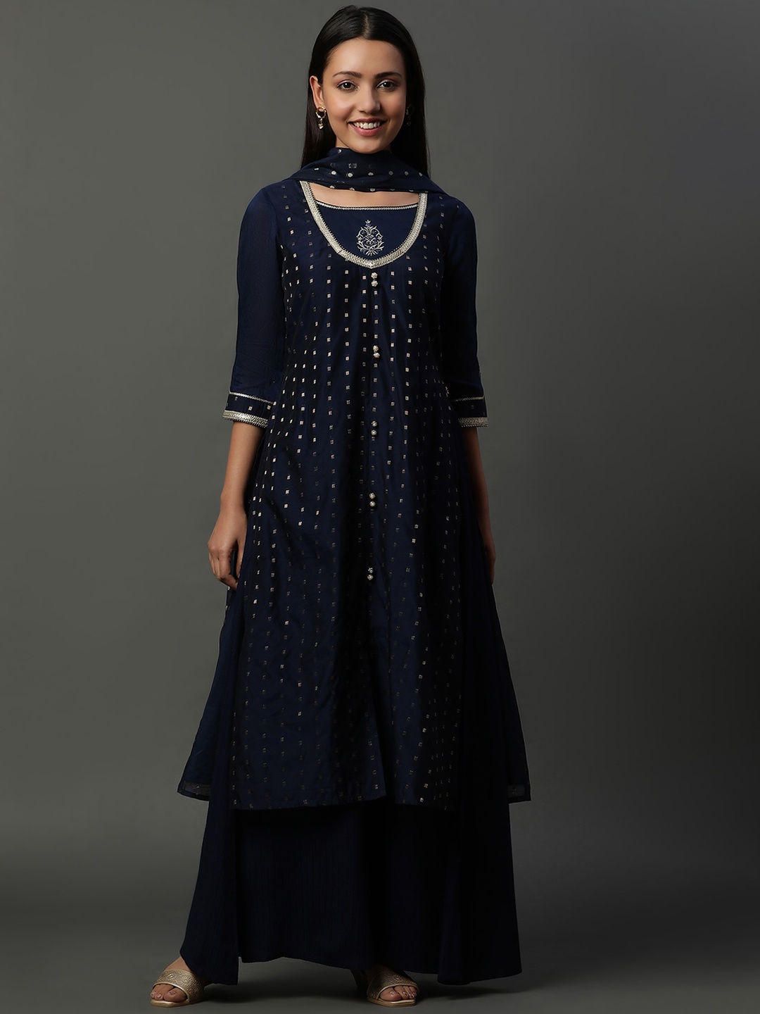 

AURELIA Geometric Woven Design Zari Regular Straight Kurta with Palazzos & Dupatta, Blue