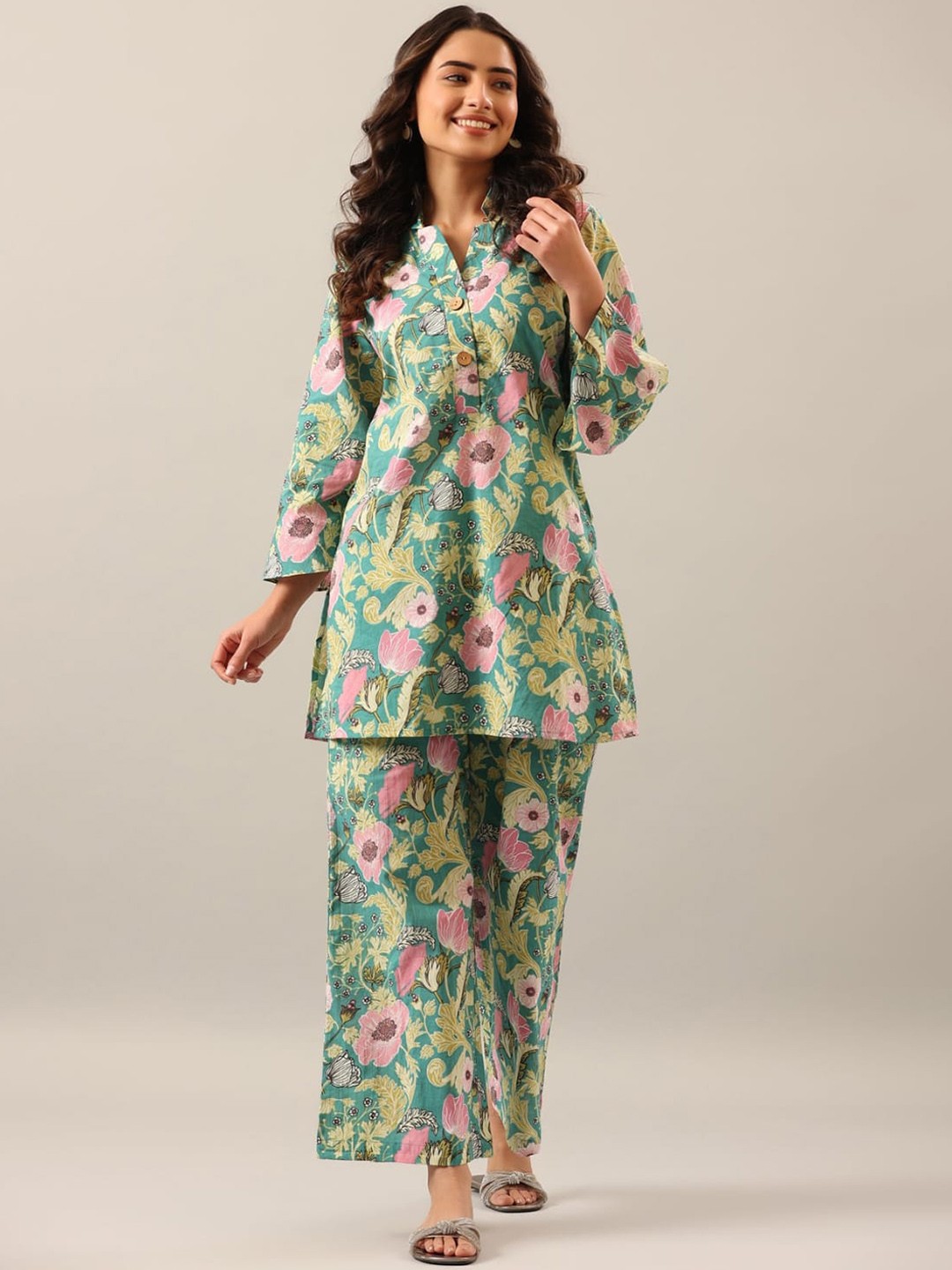 

Kandora Floral Printed Mandarin Collar Tunic With Trouser, Green