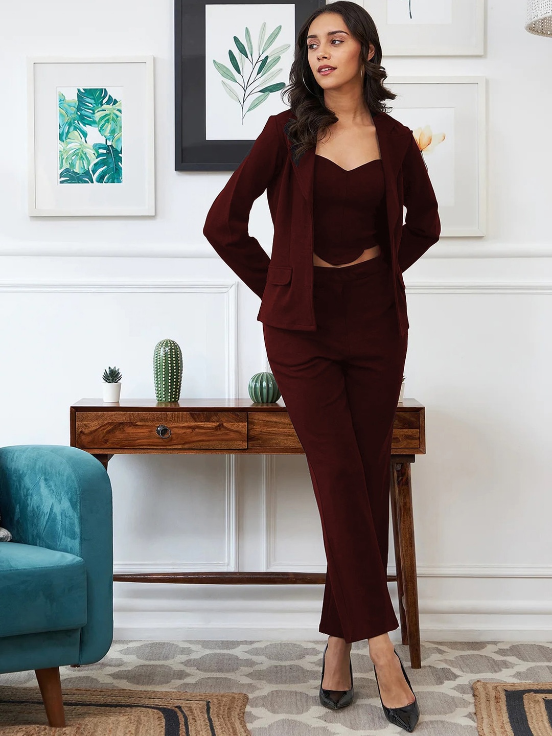 

Kandora Shoulder Straps Crop Top With Trouser & Blazer, Maroon