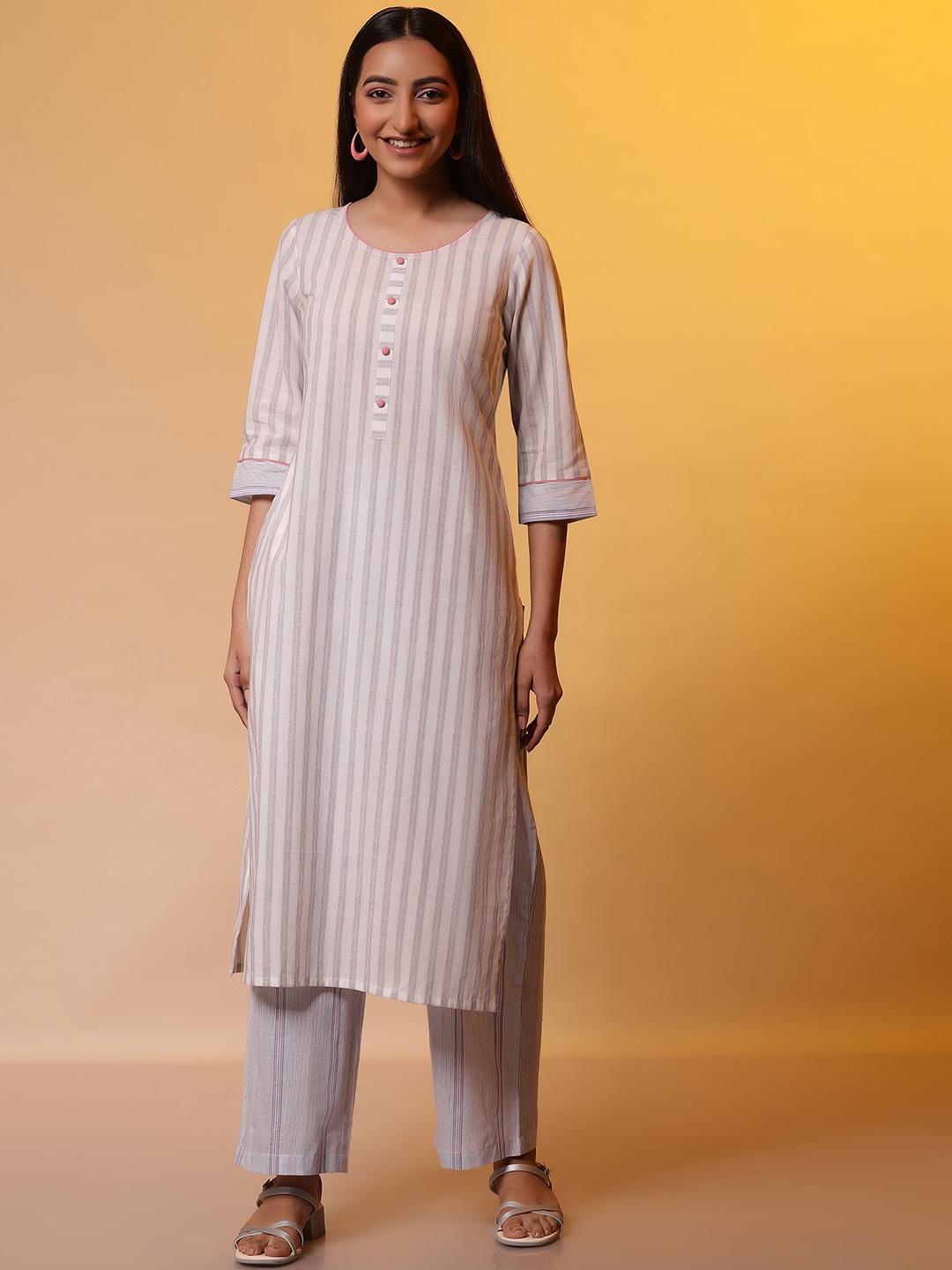 

AURELIA Round Neck Striped Regular Pure Cotton Straight Kurta with Palazzos, Off white