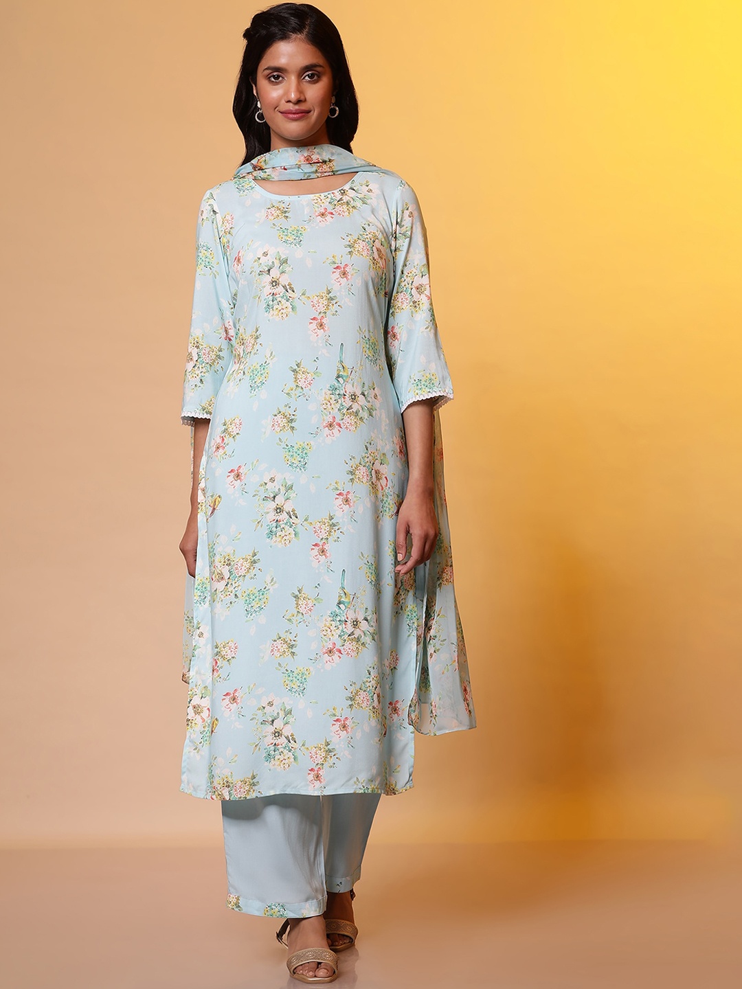 

AURELIA Floral Printed Round Neck Regular Sleeves Kurta With Trousers & Dupatta, Blue