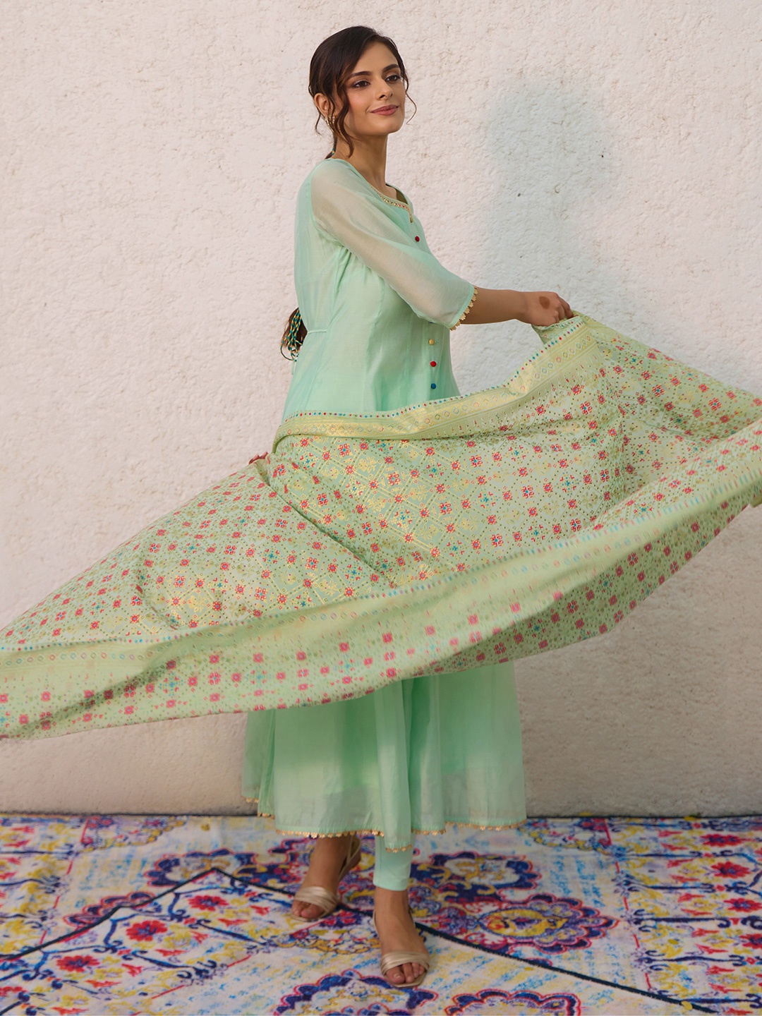 

AURELIA Printed Regular Anarkali Kurta With Leggings & Dupatta, Green