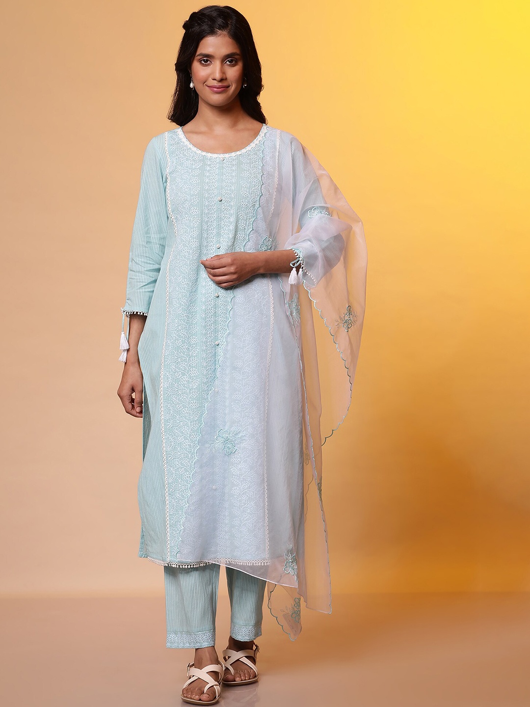 

AURELIA Floral Embroidered Sequinned Pure Cotton Kurta With Trouser & Dupatta, Blue