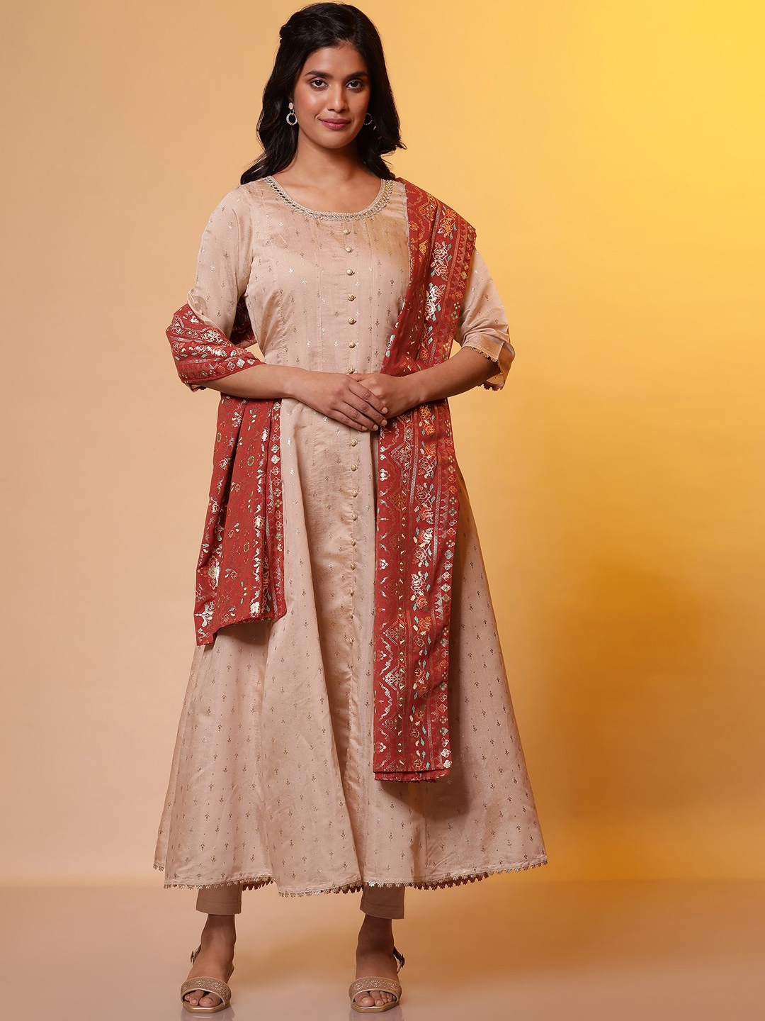 

AURELIA Woven Design Thread Work Regular Anarkali Kurta With Dupatta, Beige