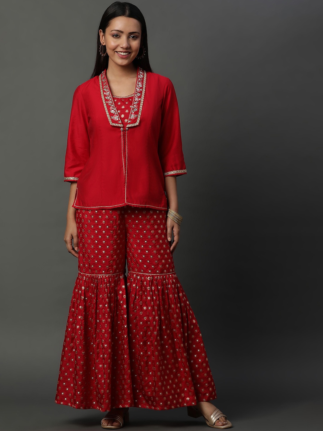 

AURELIA Ethnic Motifs Embroidered Zari Round Neck Regular A-Line Kurti with Sharara, Red