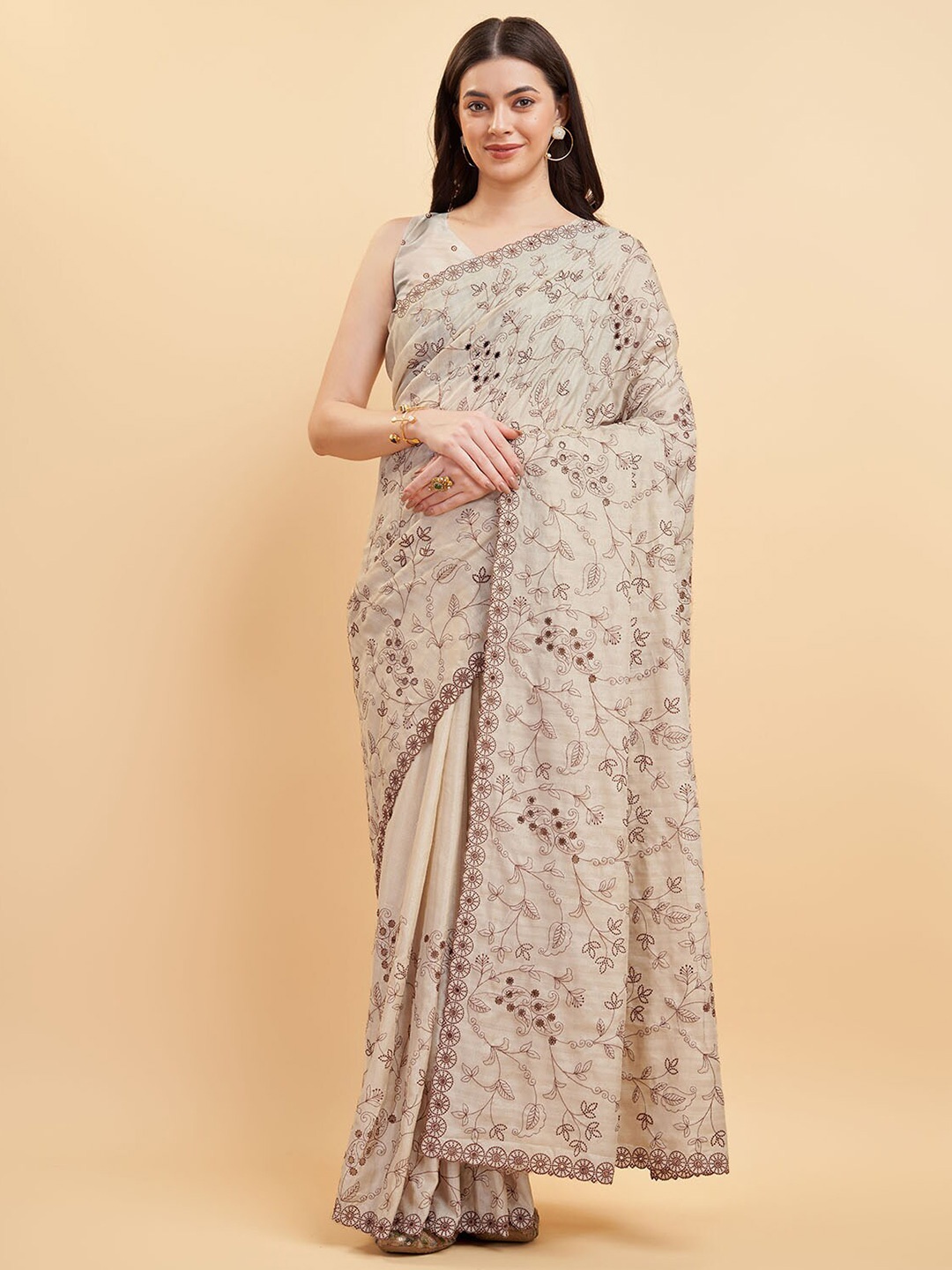 

Tasarika Floral Embroidered Pure Silk Saree, Grey