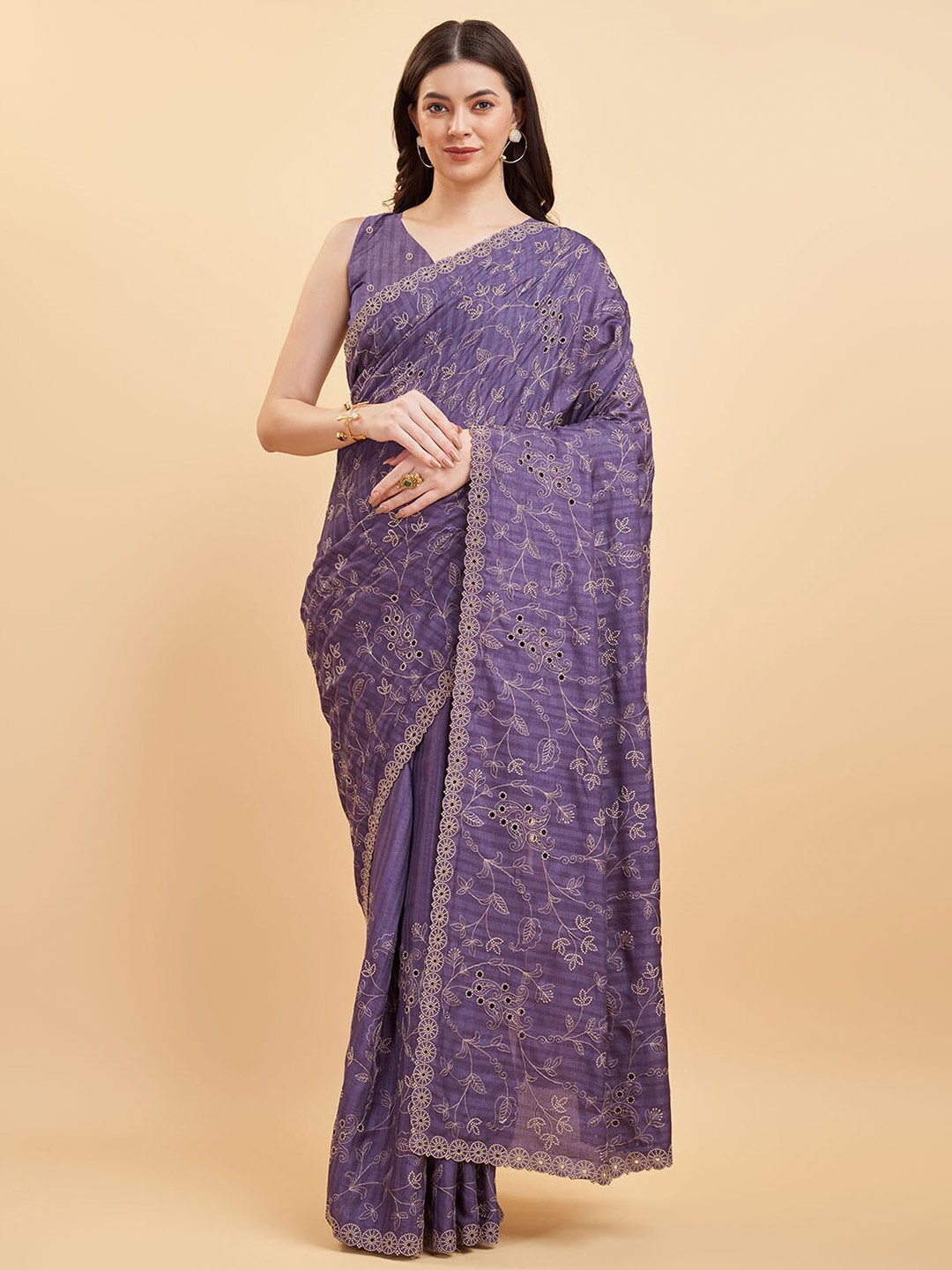 

Tasarika Floral Mirror Work Pure Silk Saree, Purple