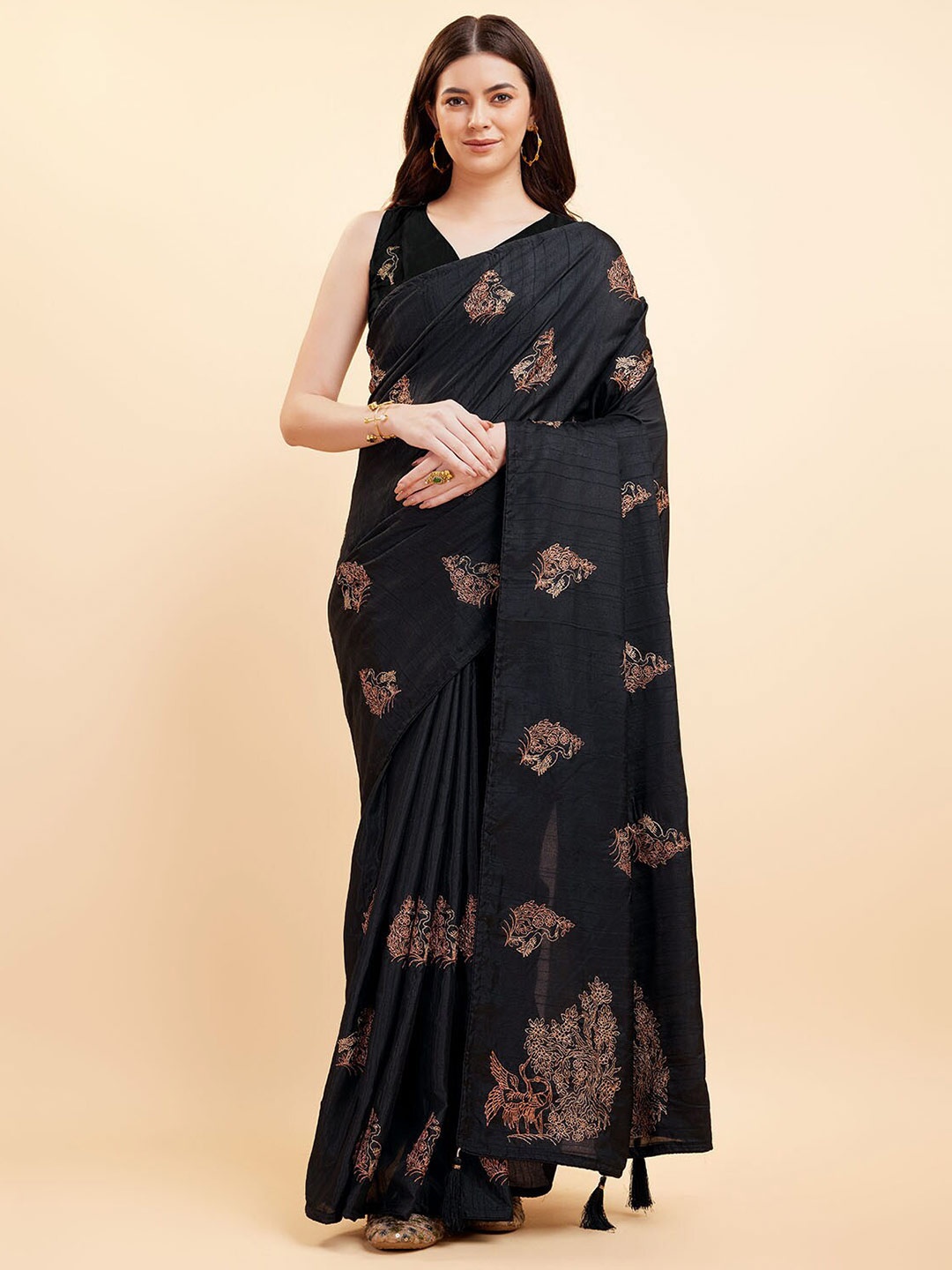 

Tasarika Ethnic Motifs Embroidered Pure Silk Saree, Black