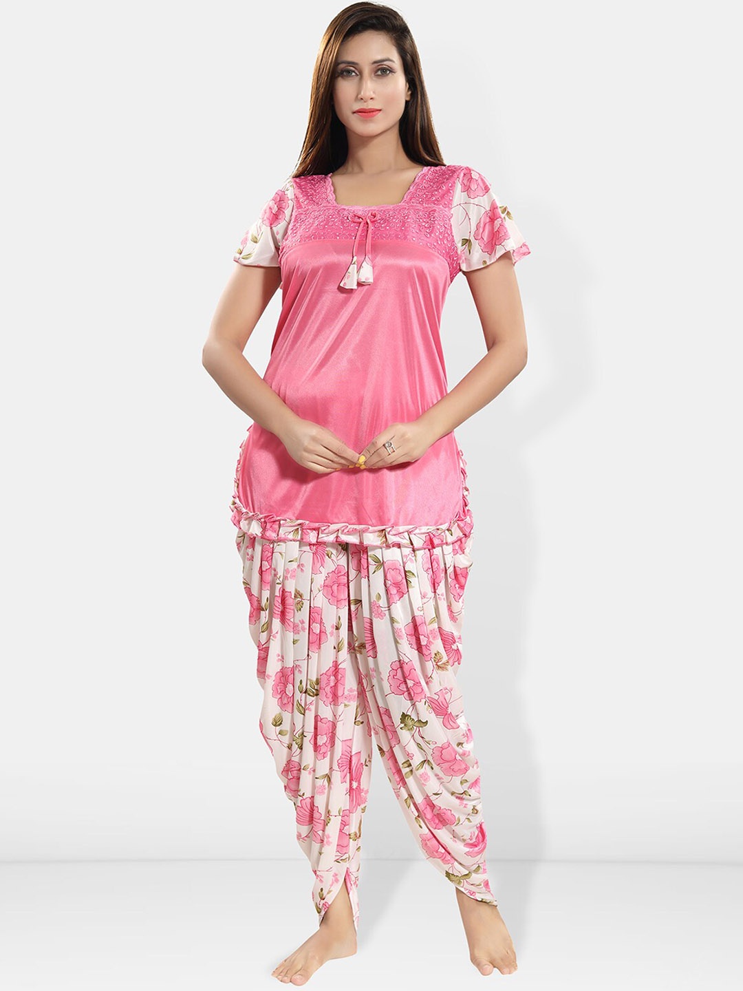 

Be You Floral Printed Short Sleeves Satin Top & Patiyala, Pink