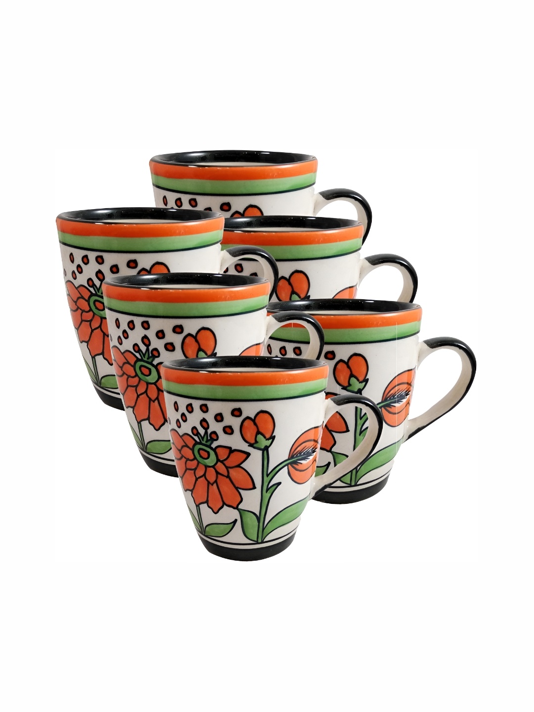 

INDIA MEETS INDIA Orange & Green 6 Pieces Ceramic Glossy Cups Set 250 ml Each