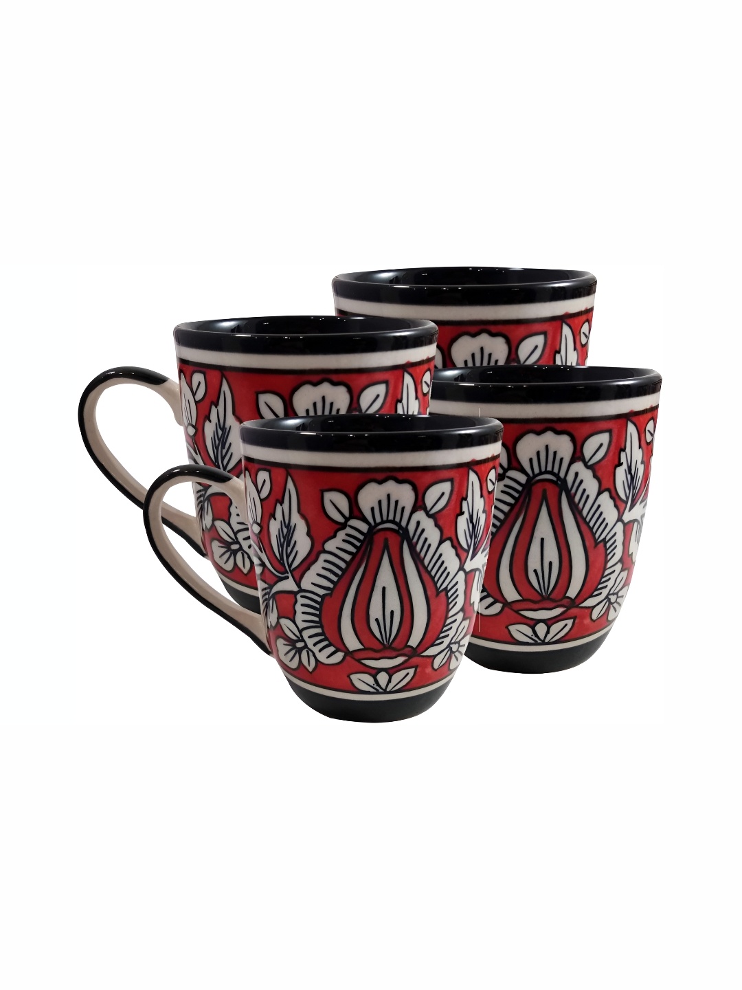 

INDIA MEETS INDIA Red & White 4 Pieces Ceramic Glossy Cups Set 250 ml Each