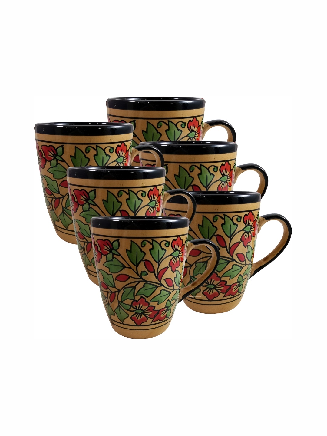 

INDIA MEETS INDIA Brown & Green 6 Pieces Printed Glossy Finish Ceramic Mugs 250 ml Each