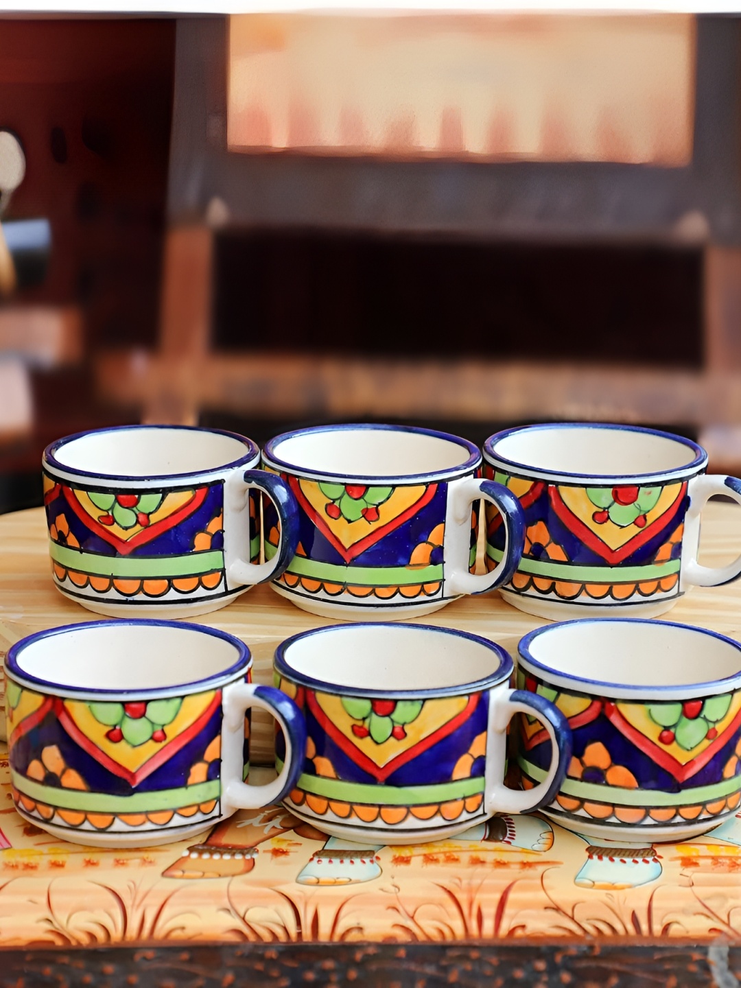 

INDIA MEETS INDIA Blue & White 6 Pieces Ceramic Glossy Cups Set 100 ml Each