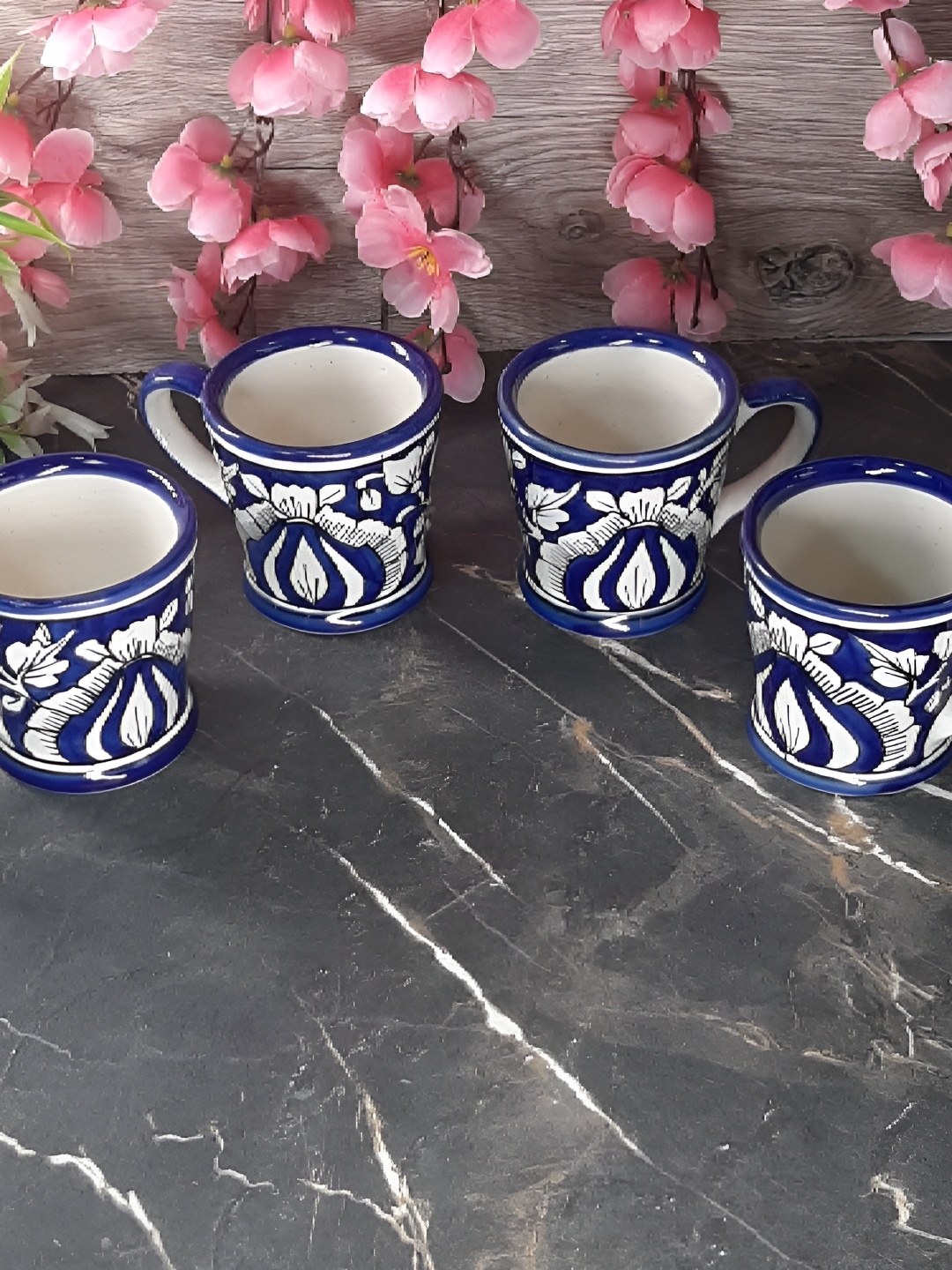 

INDIA MEETS INDIA Blue & White 4 Pieces Ceramic Glossy Cups Set 150 ml Each