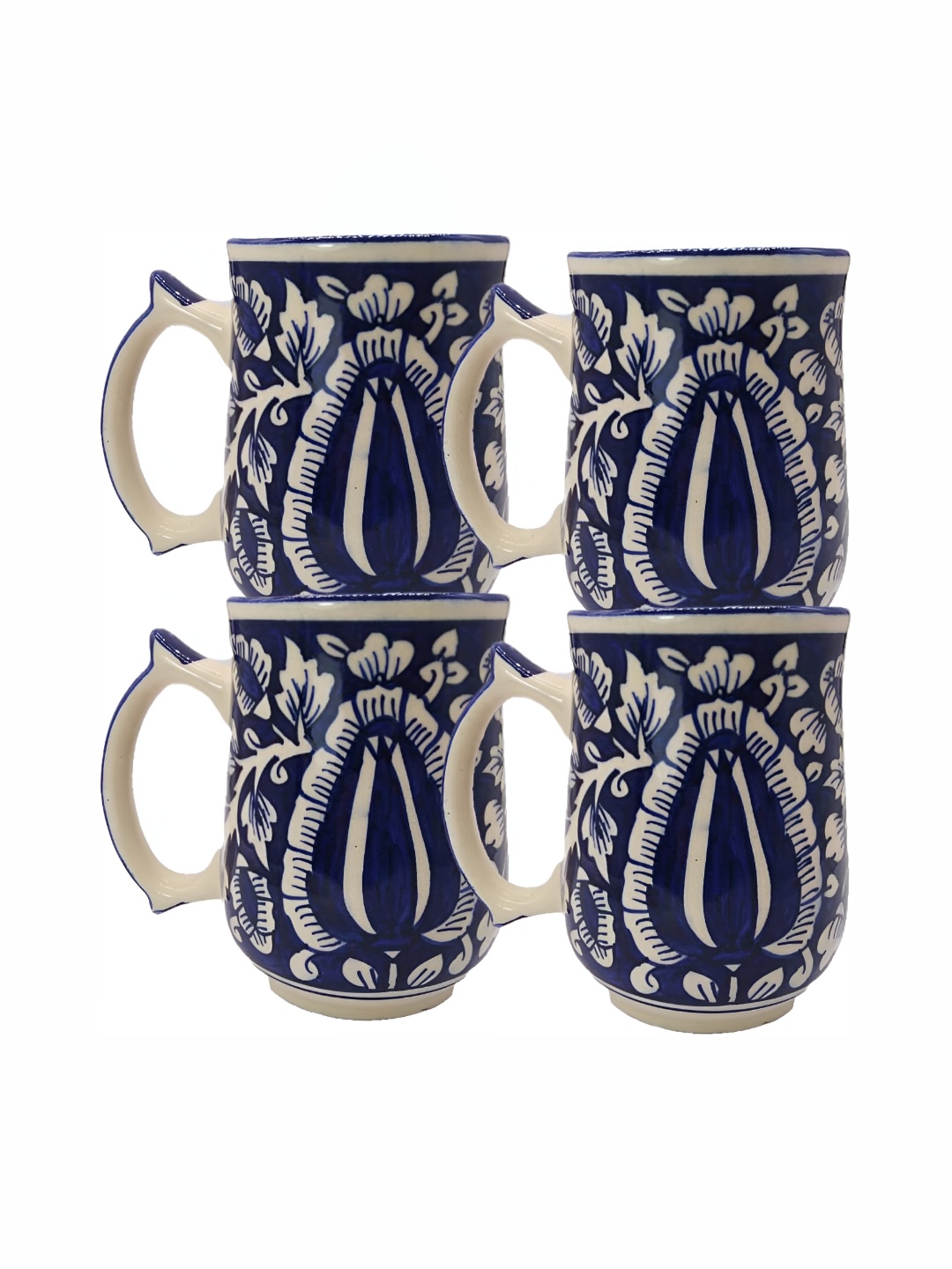 

INDIA MEETS INDIA Blue & White 4 Pieces Stoneware Glossy Cups Set 500 ml Each