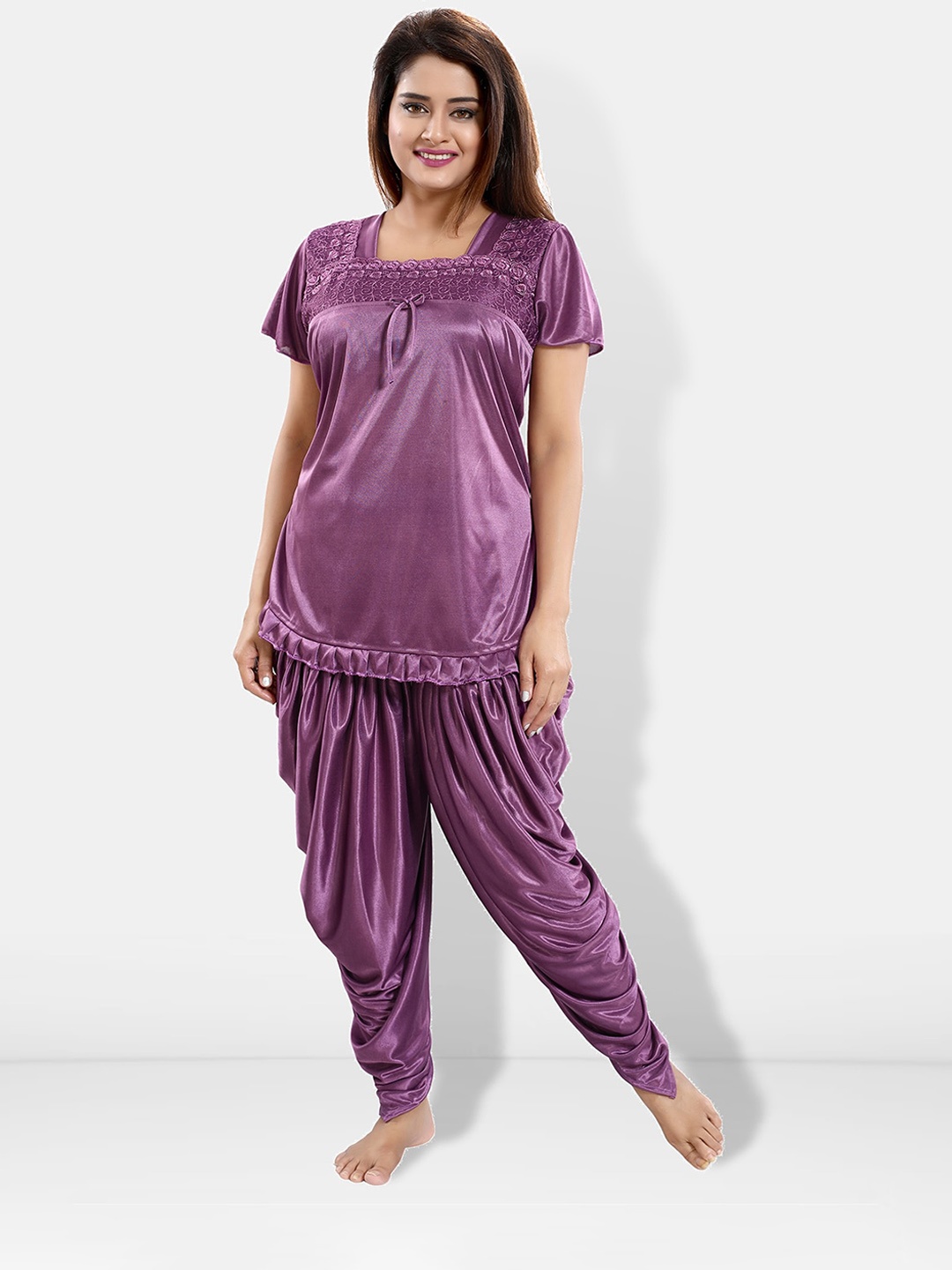 

Be You Square Neck Satin Night suit, Purple