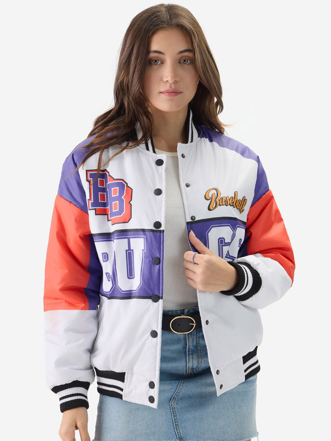 

The Souled Store Colourblocked Stand Collar Lightweight Pure Cotton Varsity Jacket, White
