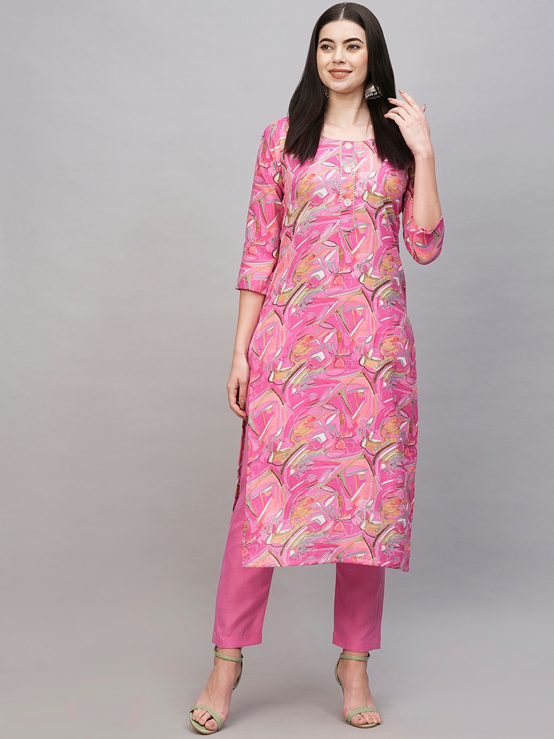 

KALINI Abstract Printed Gotta Patti Straight Kurta with Trousers, Pink