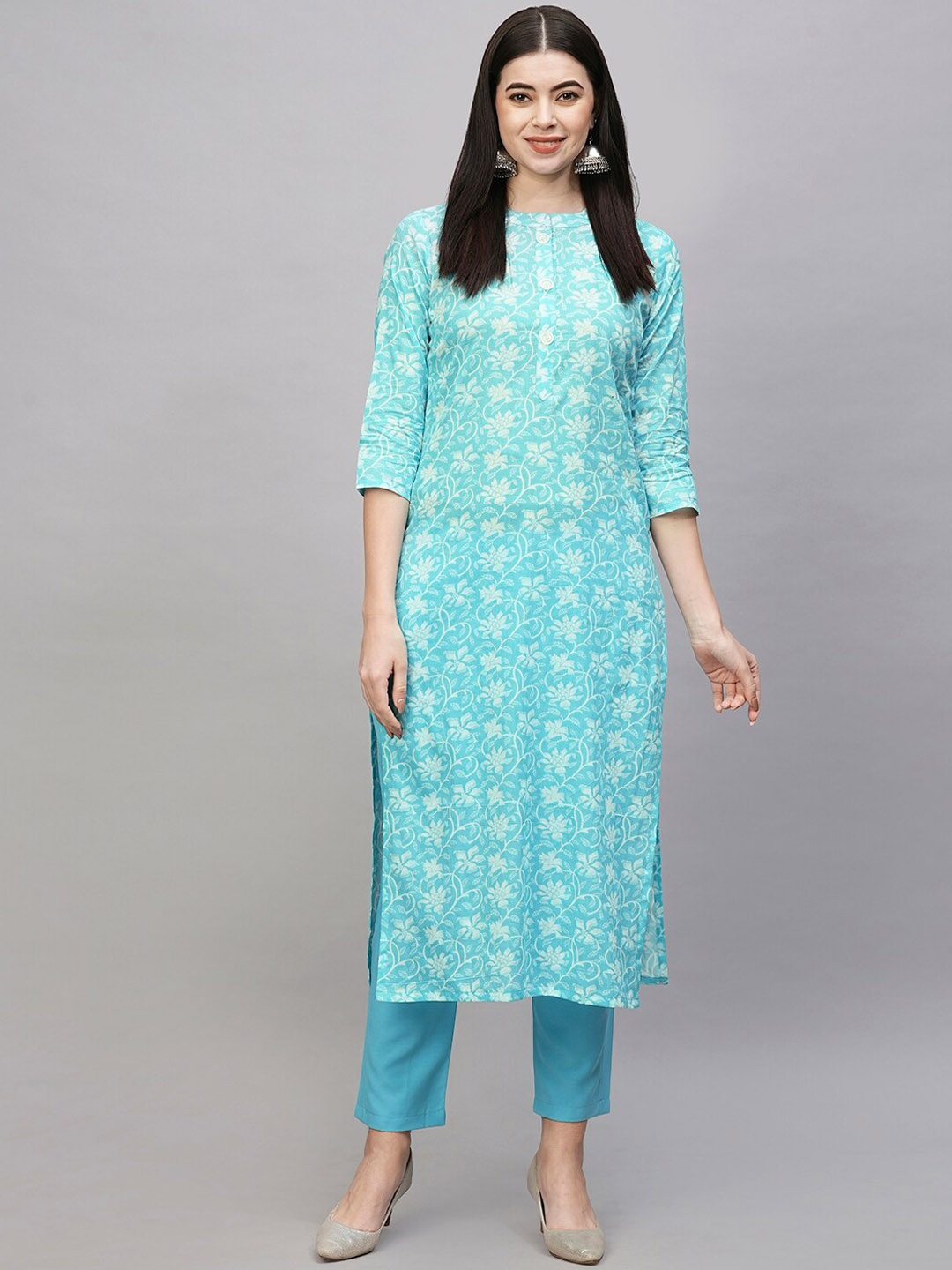 

KALINI Floral Printed Regular Kurta with Trousers, Blue
