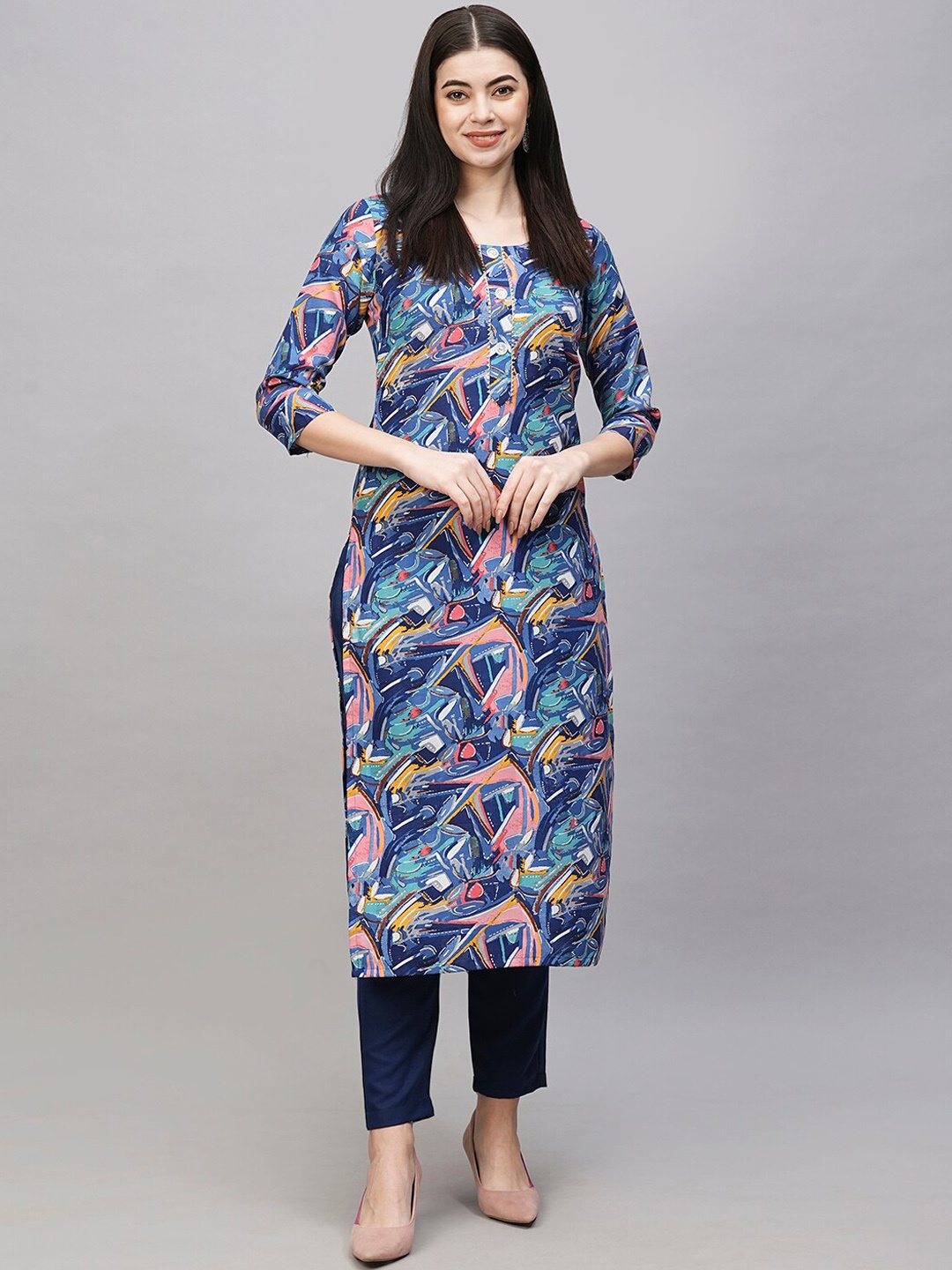 

KALINI Abstract Printed Round Neck Kurta with Trousers, Blue
