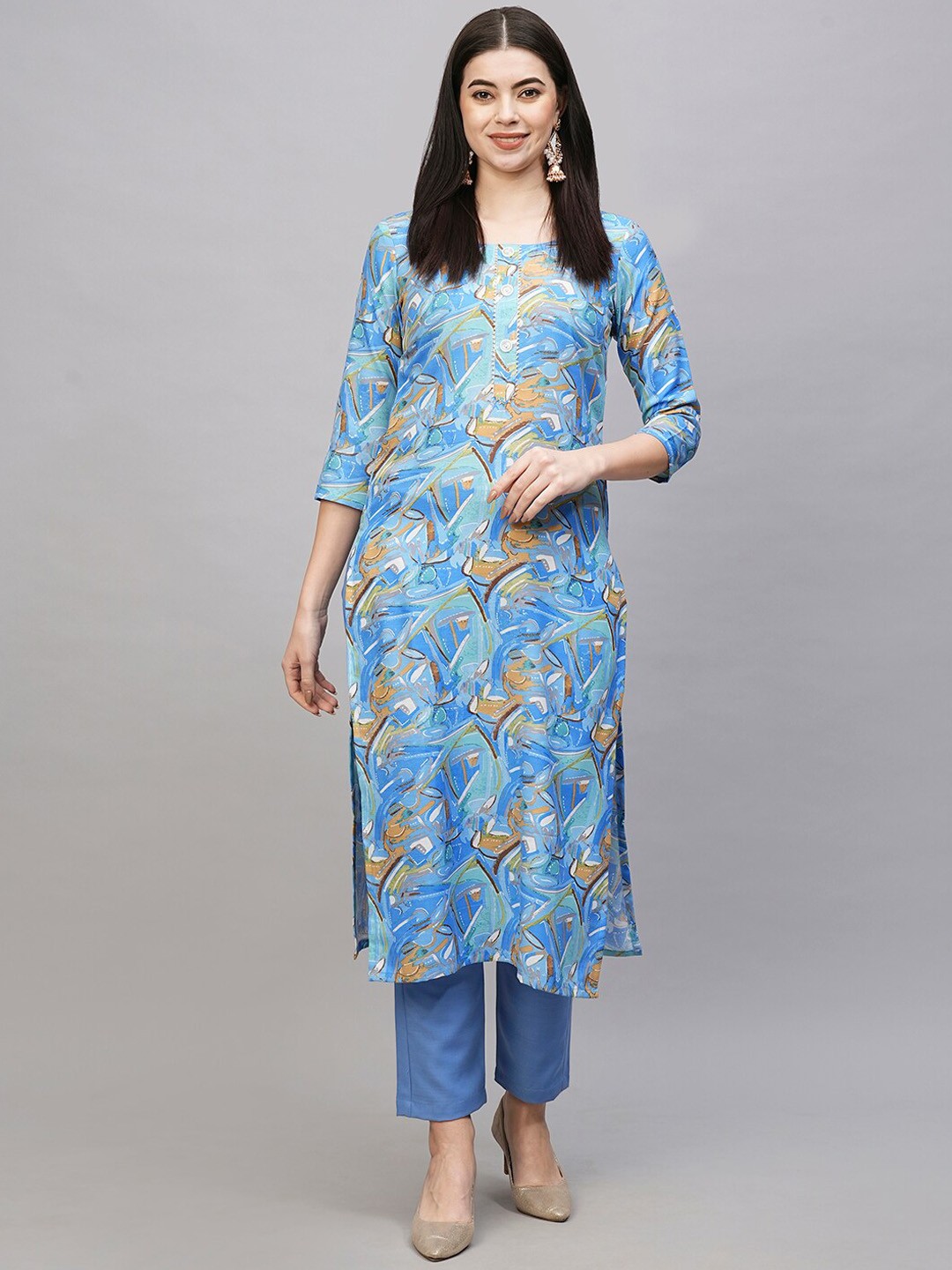 

KALINI Abstract Printed Regular Gotta Patti Kurta With Trousers, Turquoise blue