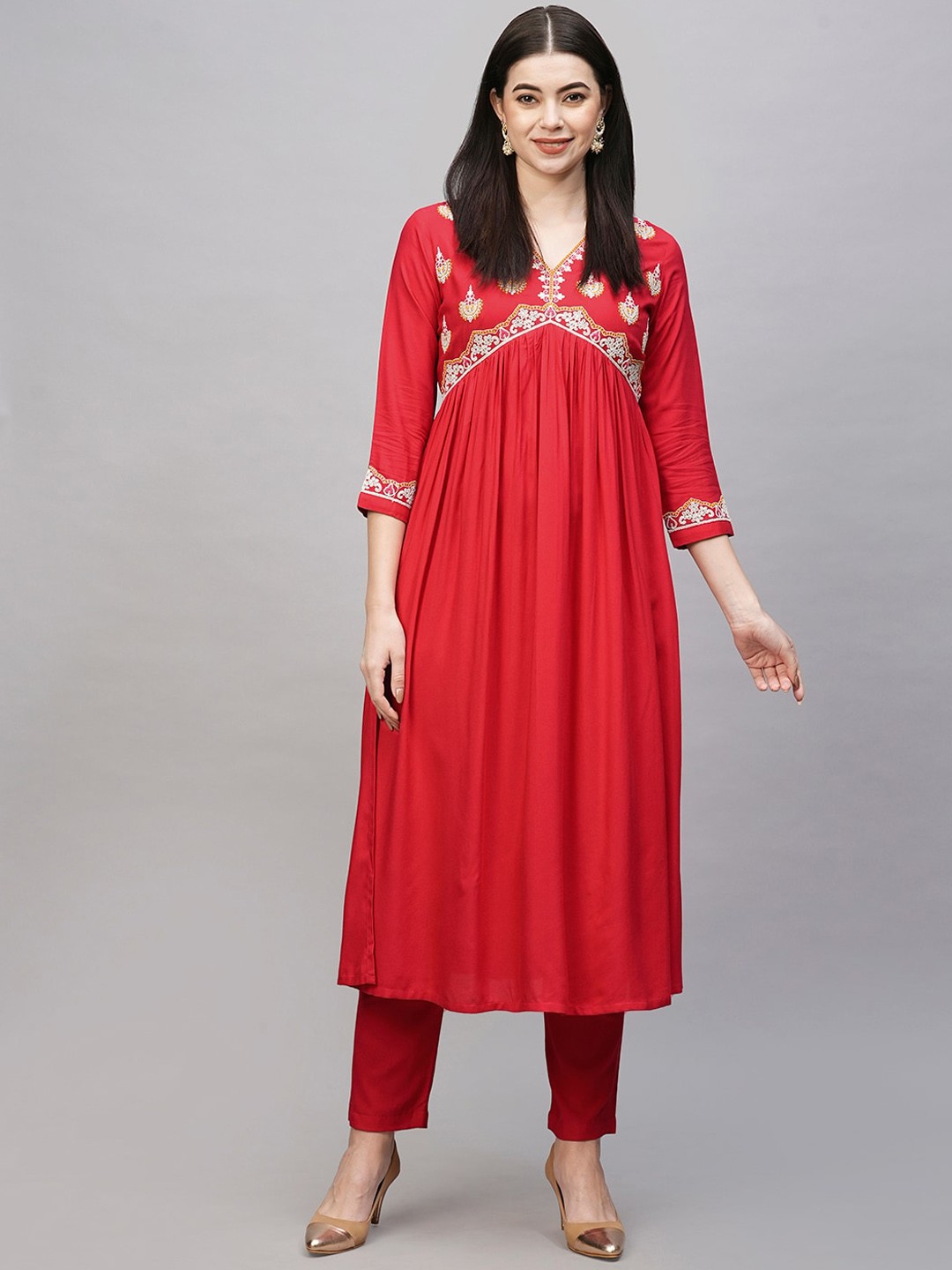 

KALINI Women Ethnic Motifs Yoke Design Regular Thread Work Kurta With Trousers, Pink