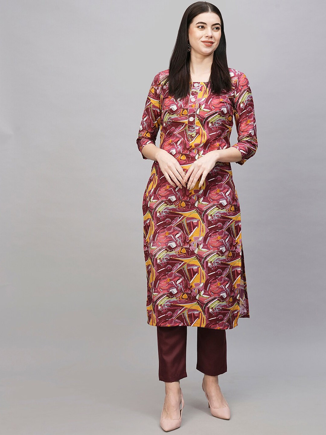 

KALINI Abstract Printed Regular Gotta Patti Kurta With Trousers, Magenta