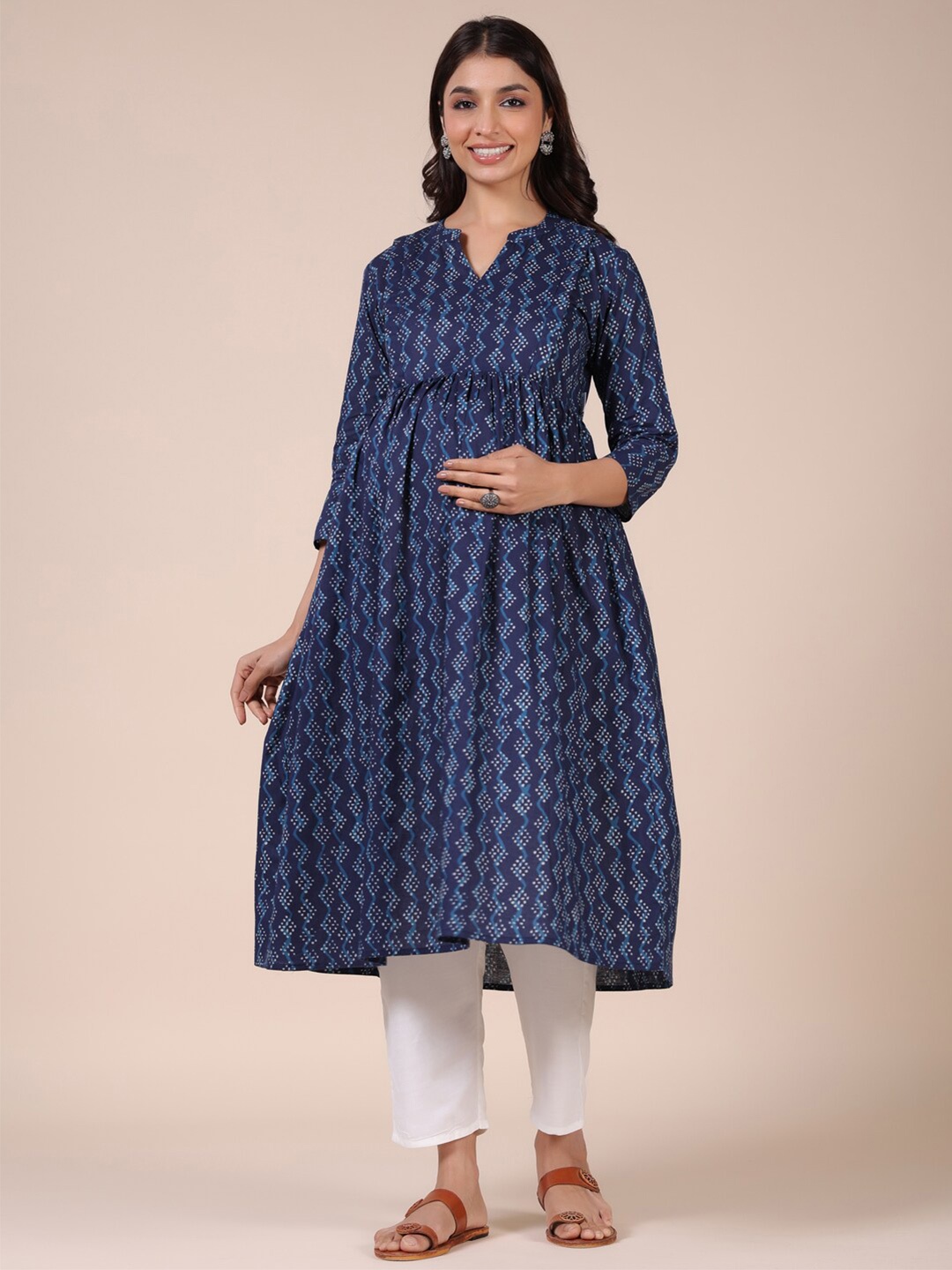

CRAFIQA Maternity Floral Printed Pure Cotton Anarkali Cotton Kurta, Navy blue