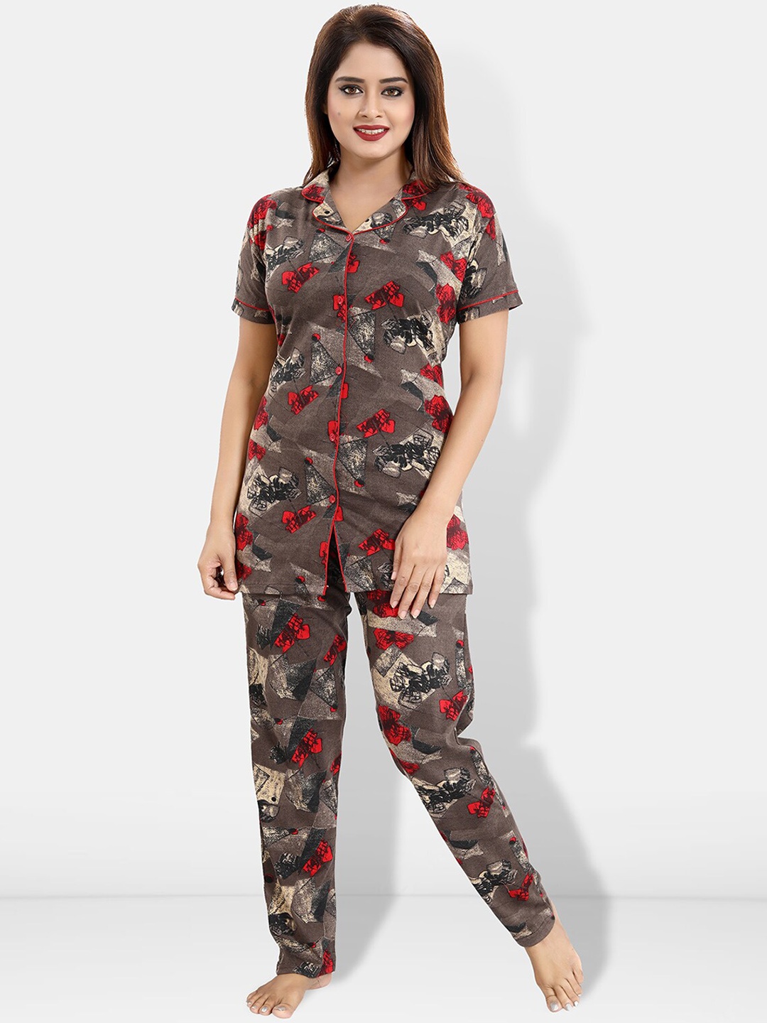 

Be You Geometric Printed Night suit, Brown