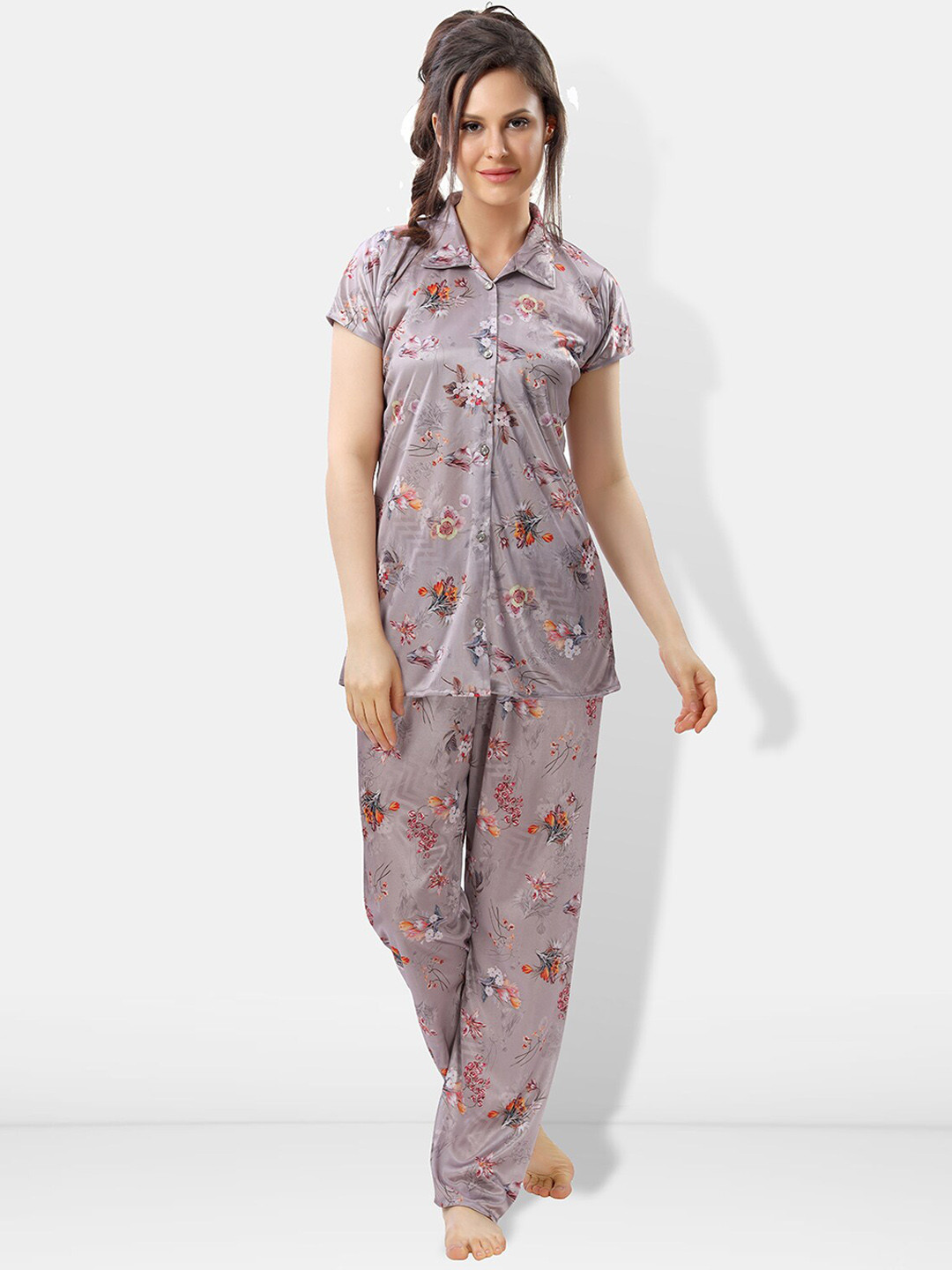 

Be You Floral Printed Satin Night suit, Grey