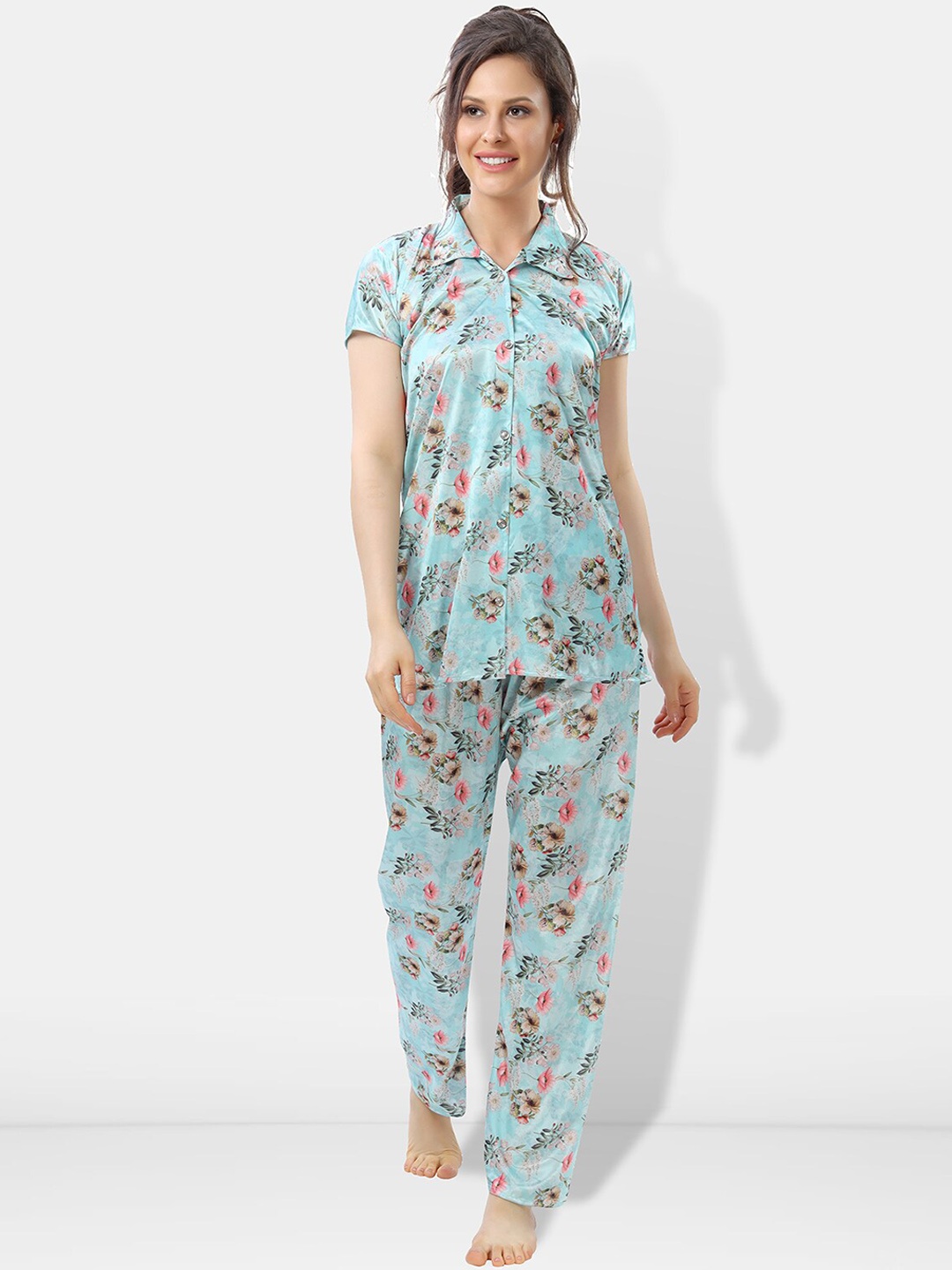 

Be You Floral Printed Satin Night suit, Turquoise blue