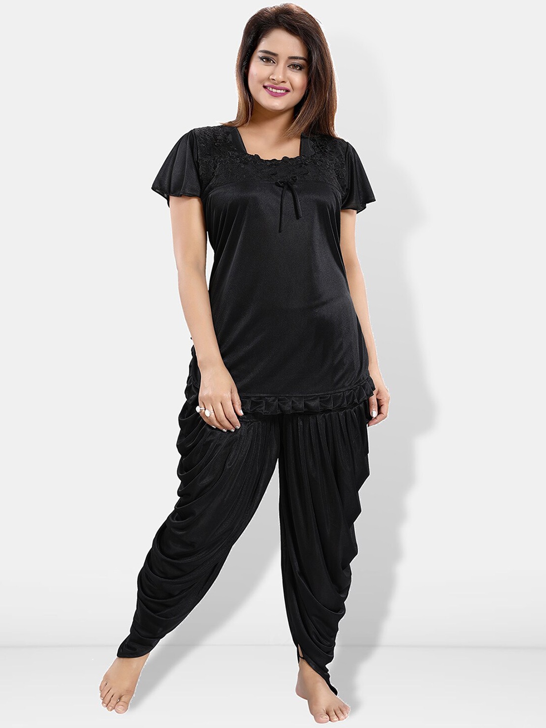 

Be You Satin Top & Pyjamas Night suit, Black