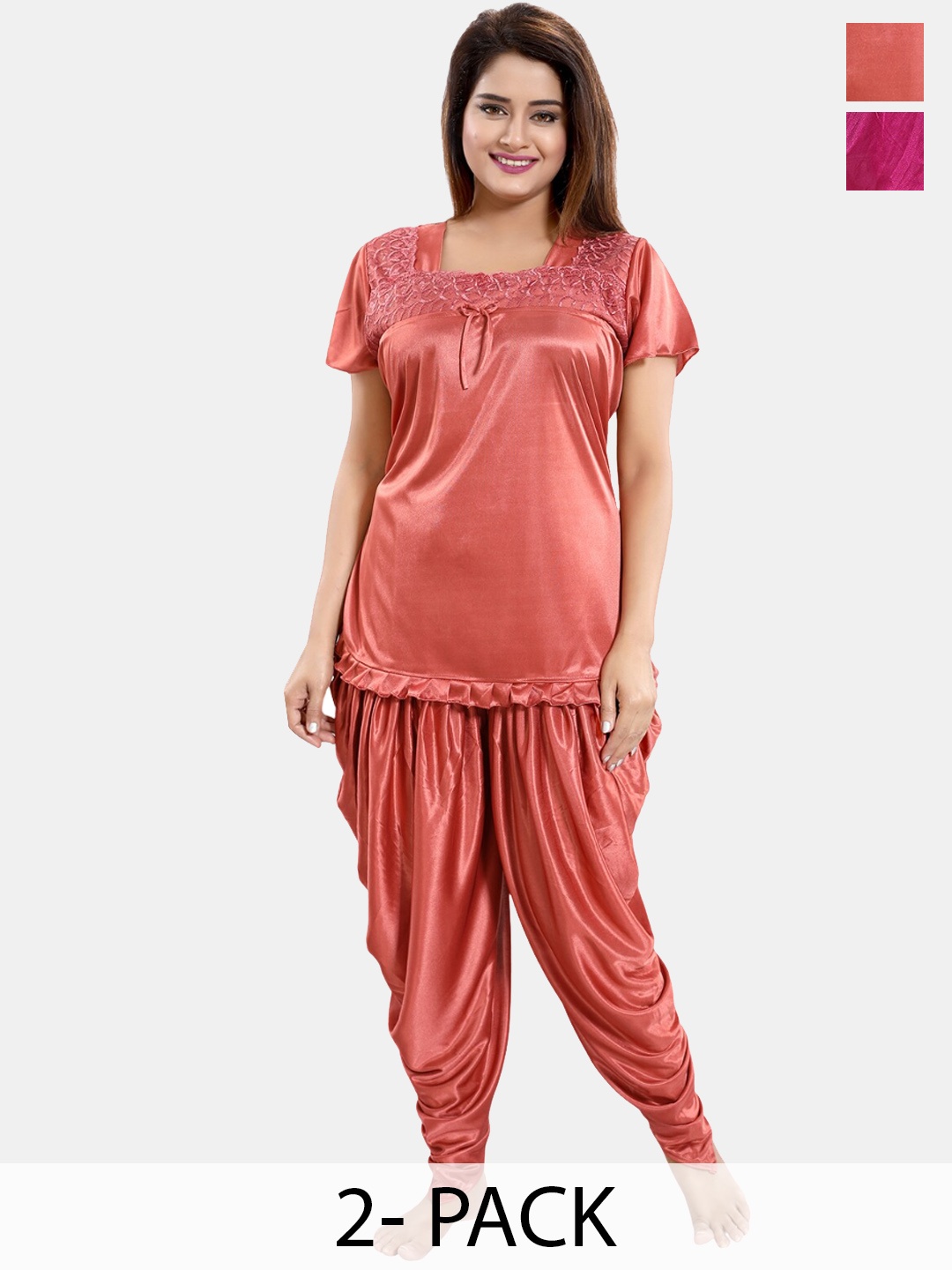 

Be You Pack Of 2 Short Sleeves Satin Top & Patiyala, Coral