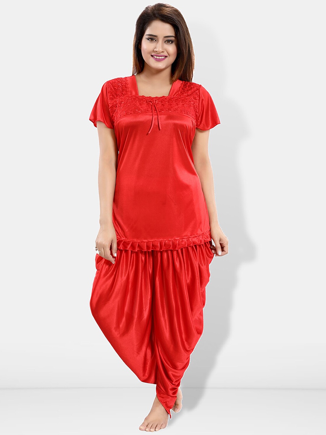 

Be You Square Neck Satin Night suit, Red