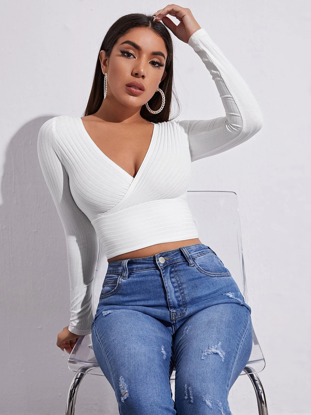 

Stylecast X Slyck V-Neck Fitted Crop Top, White