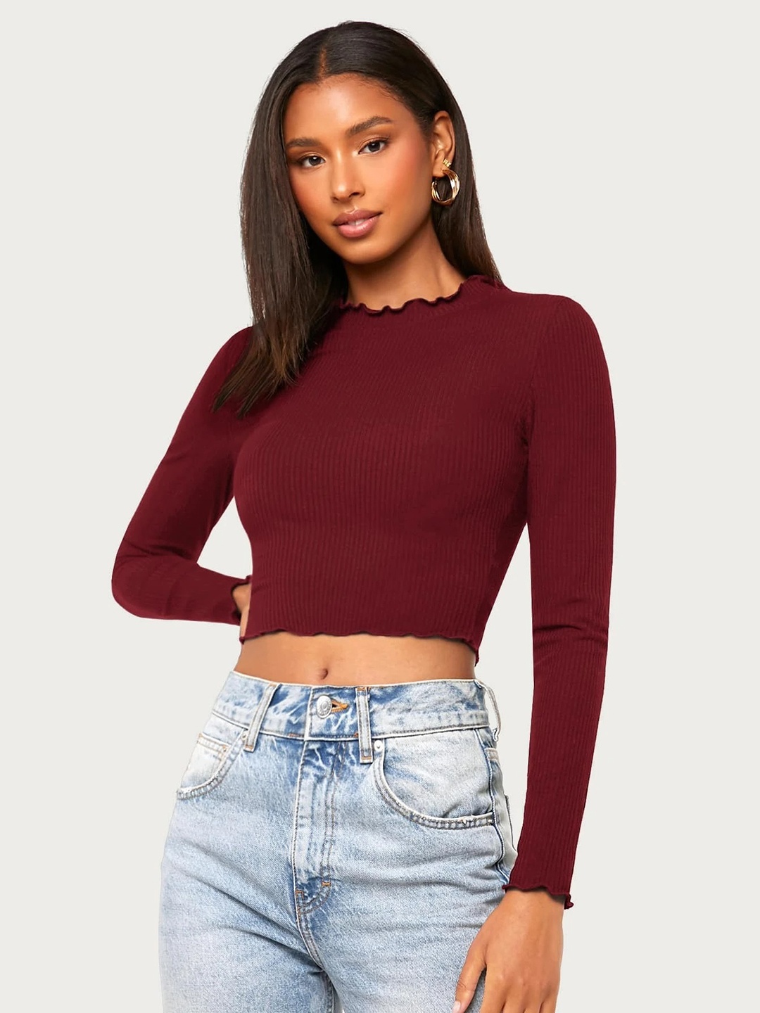 

Stylecast X Slyck Burgundy High Neck Fitted Crop Top