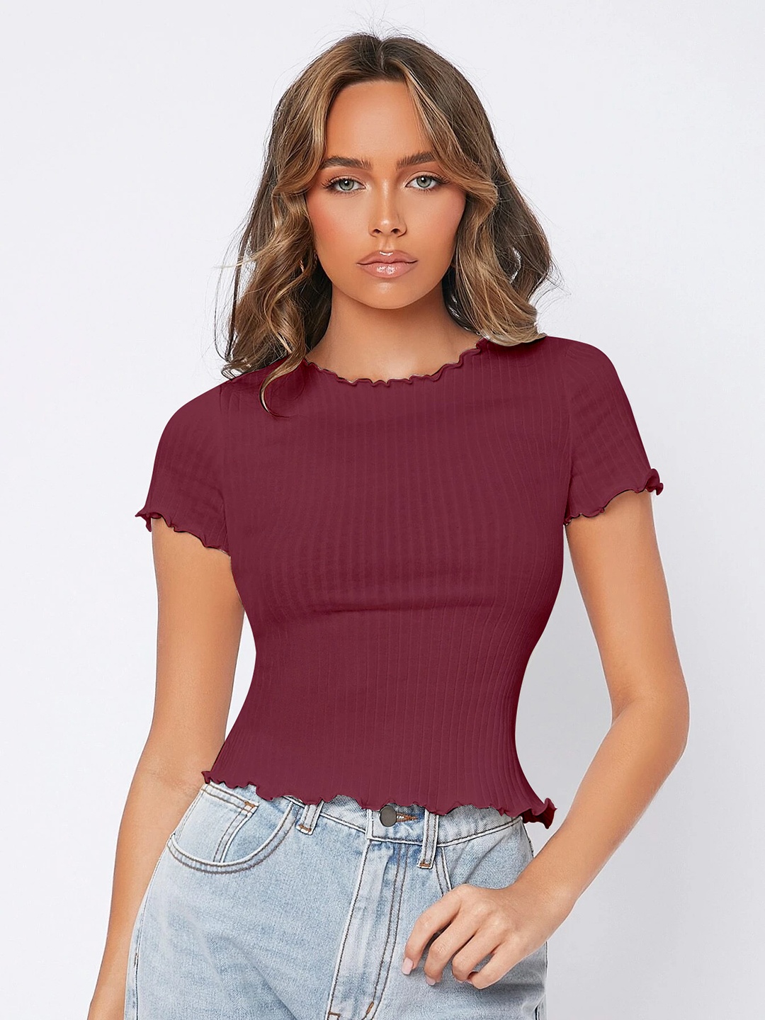 

Stylecast X Slyck Round Neck Fitted Top, Maroon